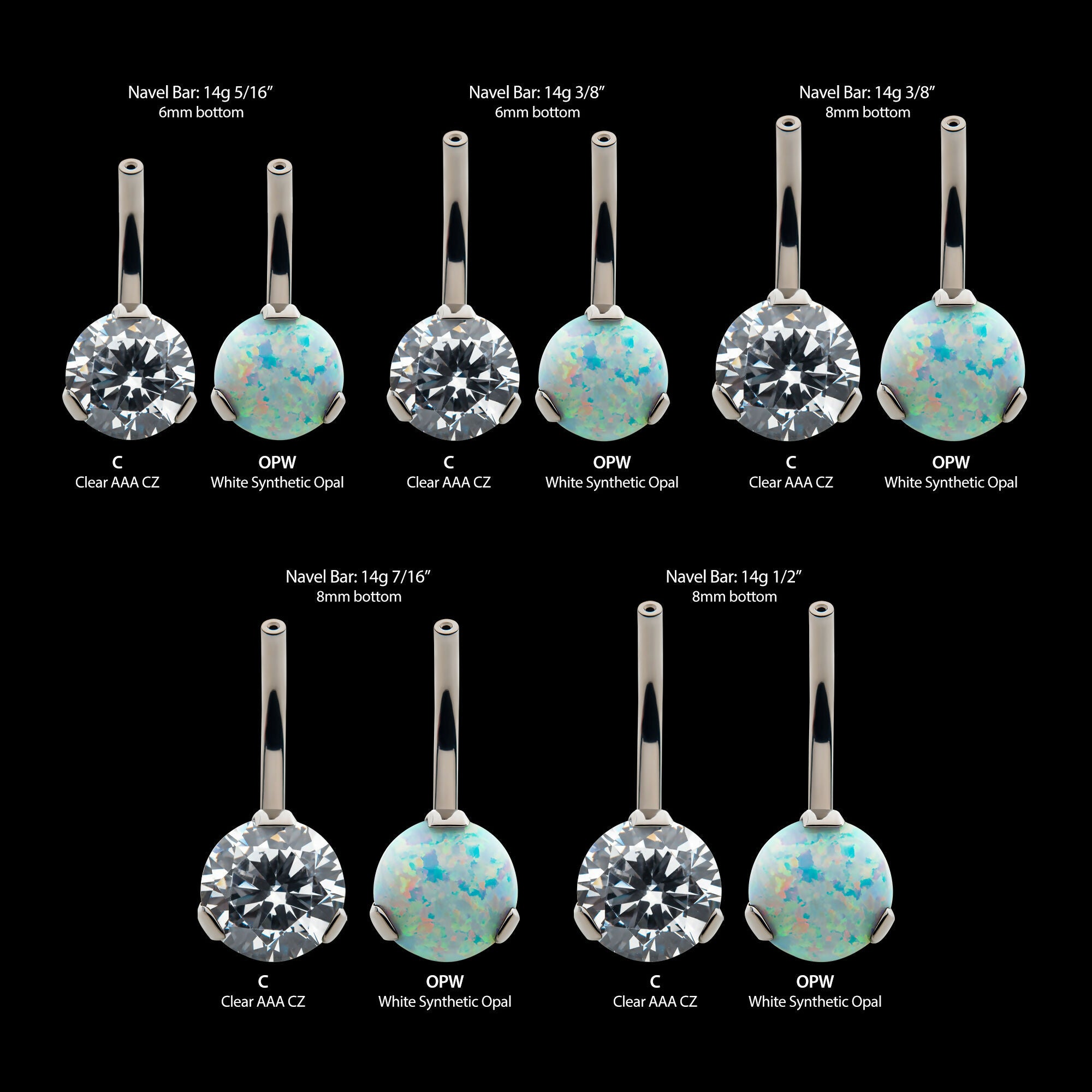 Prong Set Round AAA CZ/Synthetic Opal Fixed Bottom Only Navel Curve Earring / Nosering – Titanium