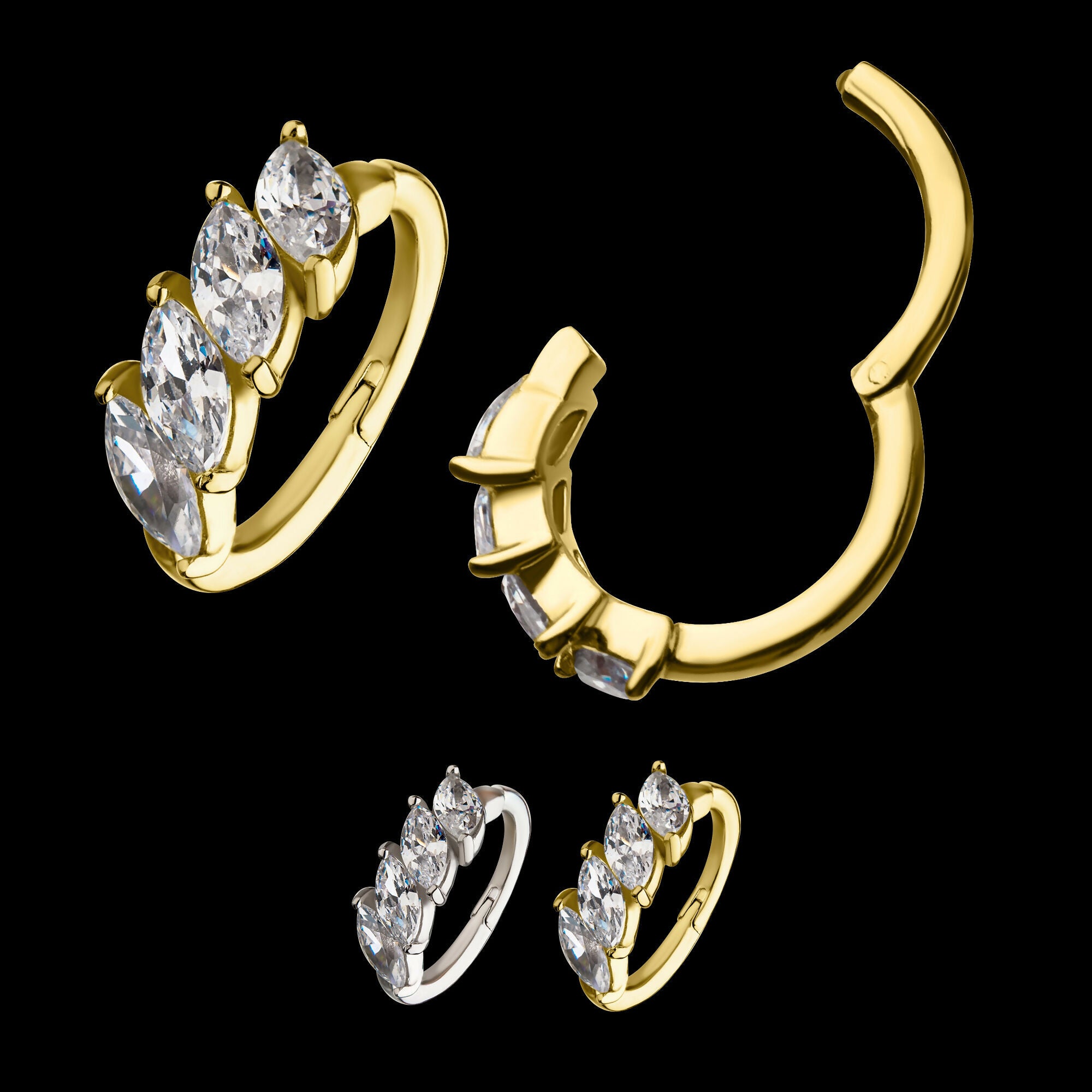 Prong Set 4-Clear CZ Gem Hinged Segment Clicker Hoop Earring / Nosering – 14Kt Gold