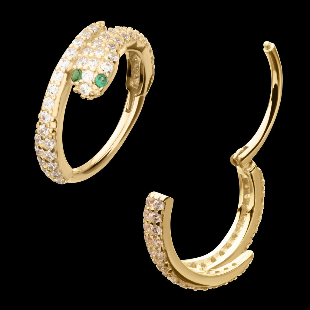 Pave Gem with Emerald-Eye Snake Side Facing Hinged Segment Clicker Hoop Earring / Nosering – 14Kt Yellow Gold