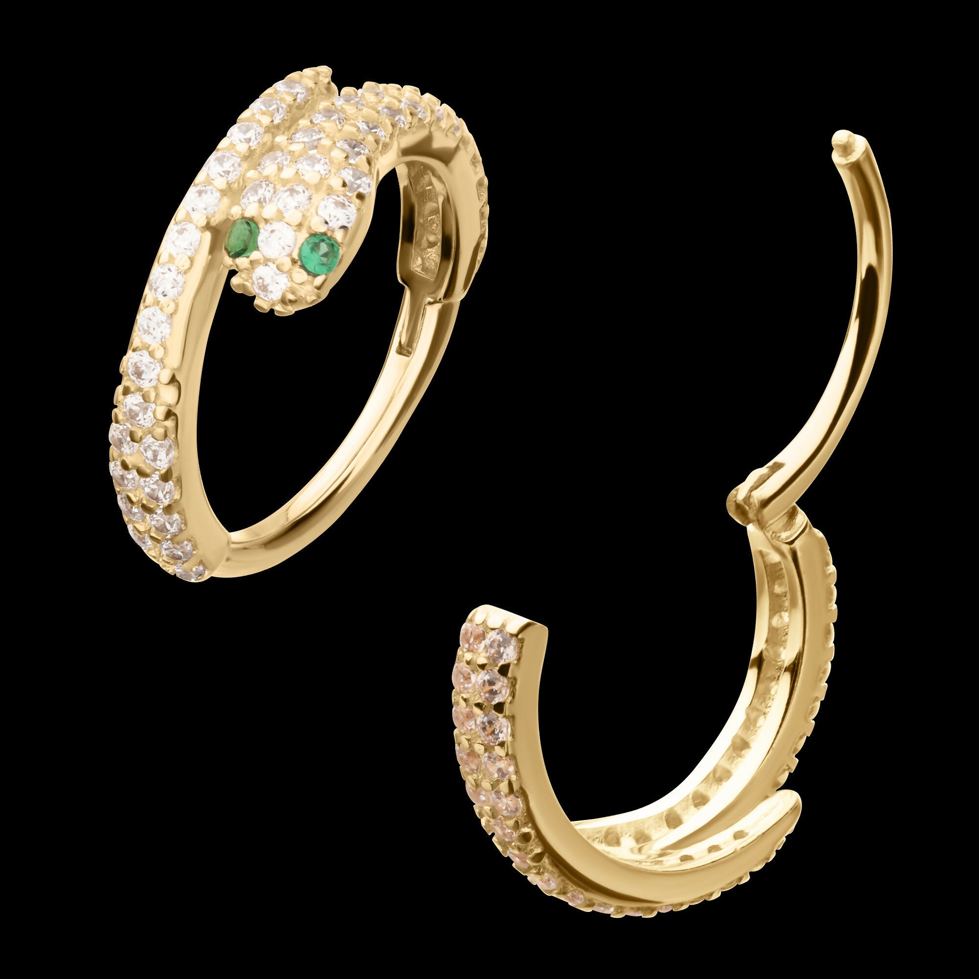 Pave Gem with Emerald-Eye Snake Side Facing Hinged Segment Clicker Hoop Earring / Nosering – 14Kt Yellow Gold
