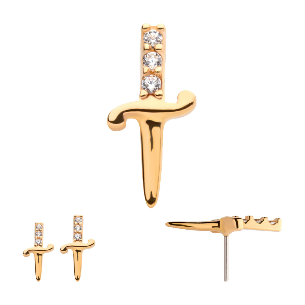 Dagger with 3-CZ Gem Handle Flatback Stud Earring / Nosering - CZ in 14Kt Yellow Gold