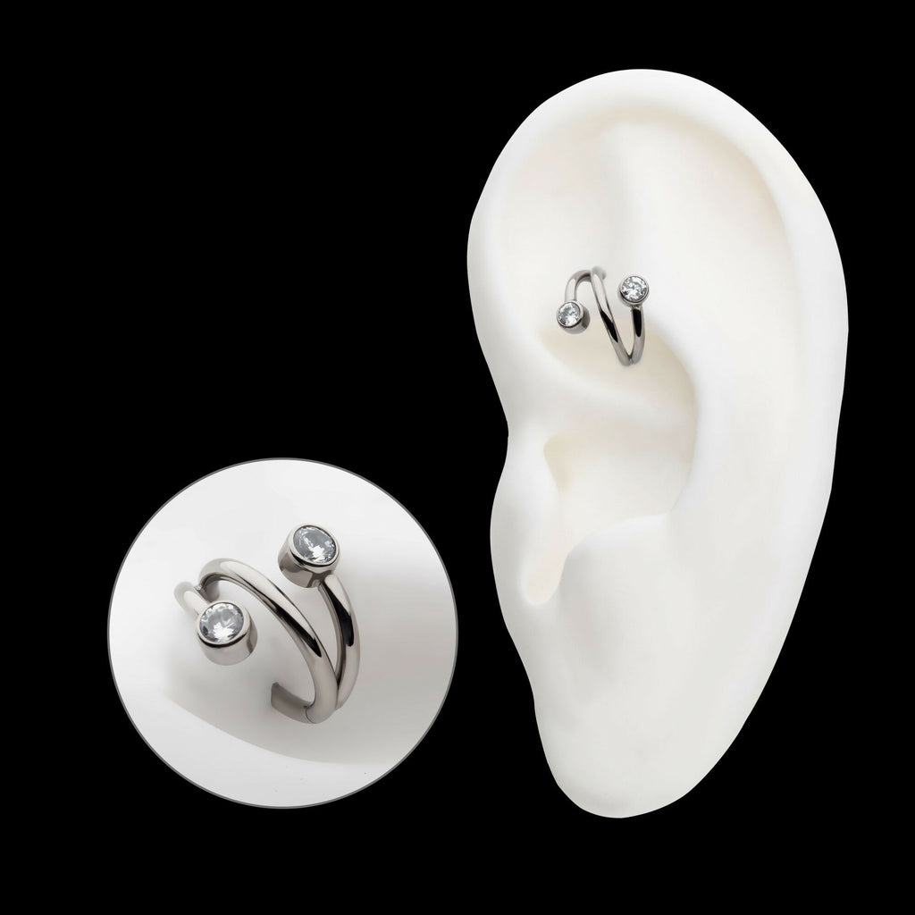 Double Ended Twist Side Facing Hinged Segment Clicker with Bezel Set Clear CZ Hoop Earring / Nosering – Titanium