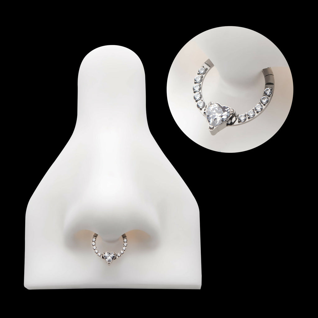 1mm CNC Set Full Clear CZ & Big Heart CZ Front Facing Hinged Segment Clicker Hoop Earring / Nosering – Titanium