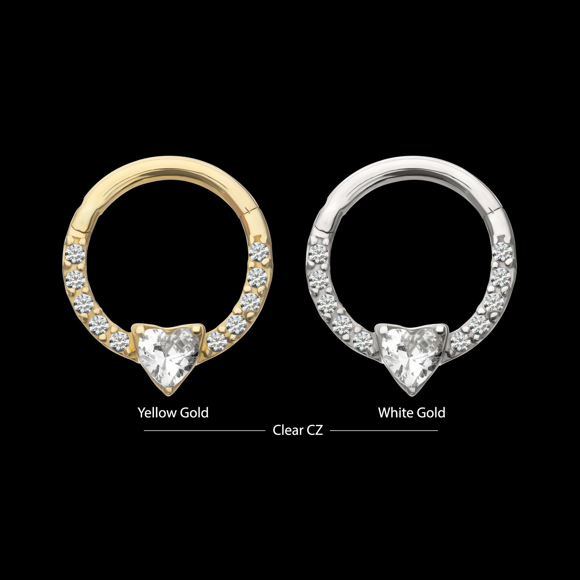 3mm Prong Set Heart with 1mm CNC Set Round Gem Front Facing Hinged Segment Clicker Hoop Earring / Nosering – 14Kt Gold