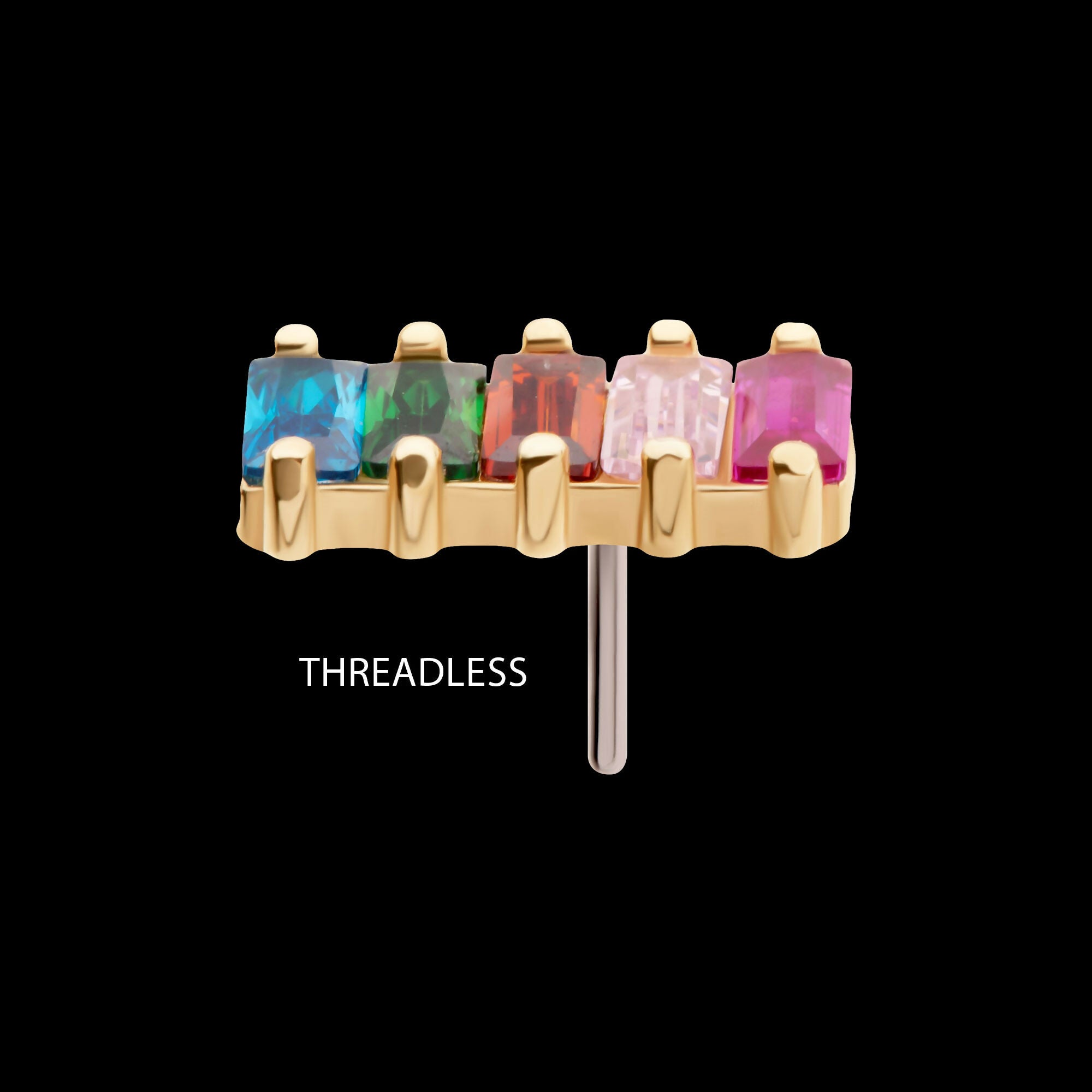 14Kt Yellow Gold Threadless with Prong Set Baguette Rainbow CZ 5-Cluster Top