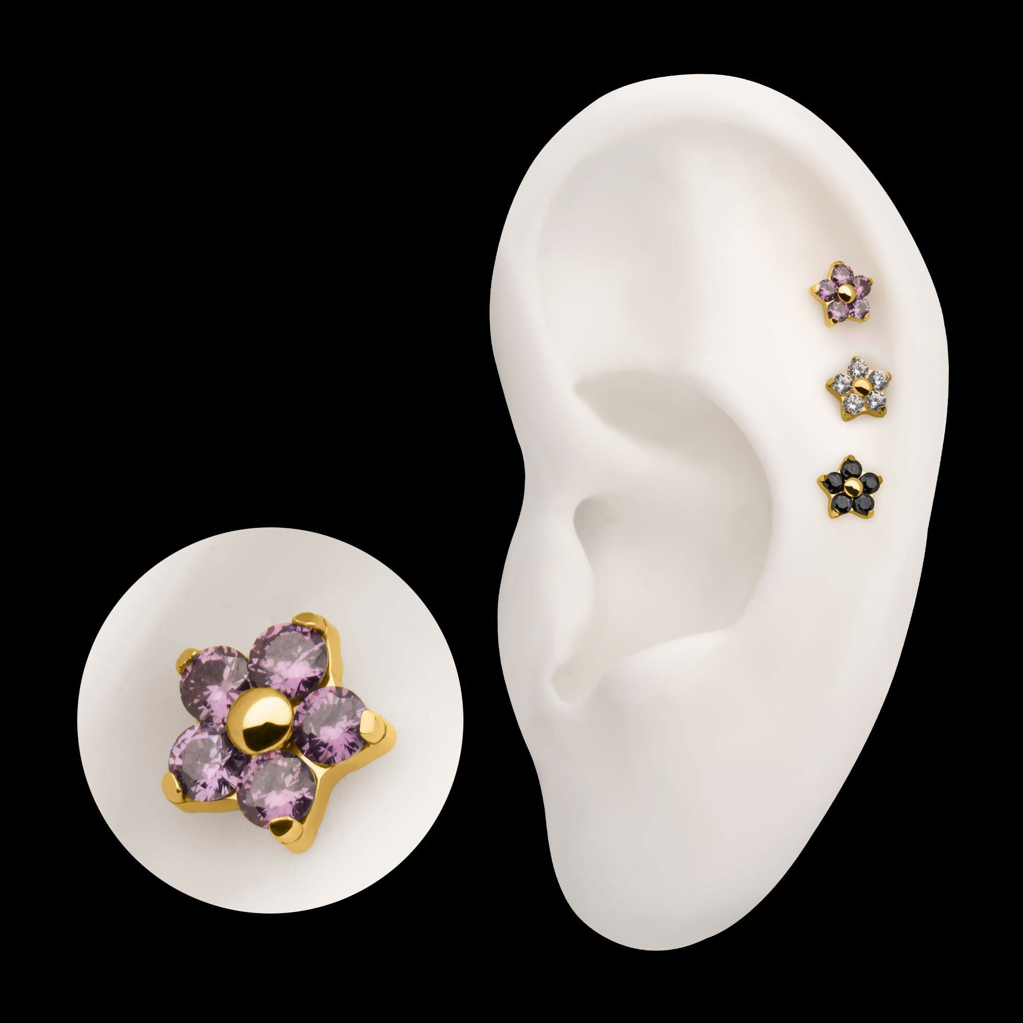 24Kt Gold PVD Titanium Threadless Prong Set Gem 5-Petal Flower Top