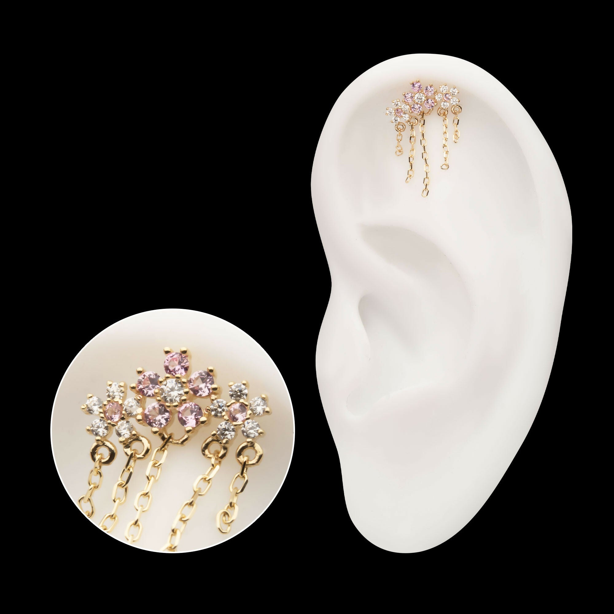 14Kt Yellow Gold Threadless Prong Set Gem Triple Cherry Blossom Flower Top with 5-Chain Dangle