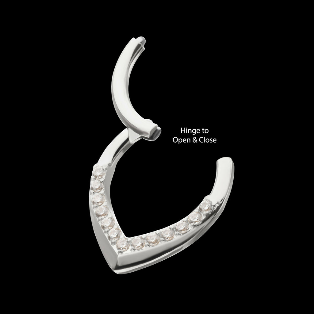 Pave Gem V-Shape Front Facing Hinged Segment Clicker Hoop Earring / Nosering – Titanium