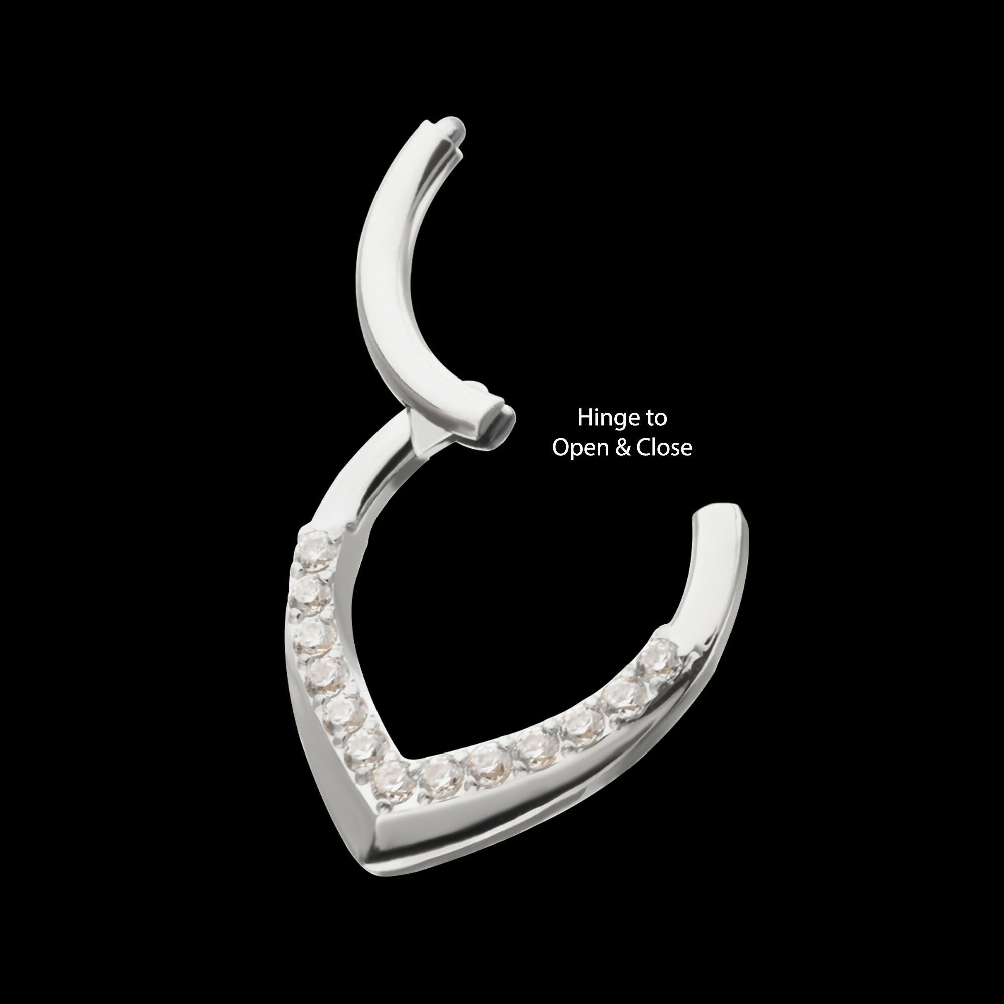 Pave Gem V-Shape Front Facing Hinged Segment Clicker Hoop Earring / Nosering – Titanium