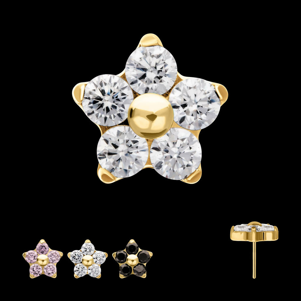 24Kt Gold PVD Titanium Threadless Prong Set Gem 5-Petal Flower Top
