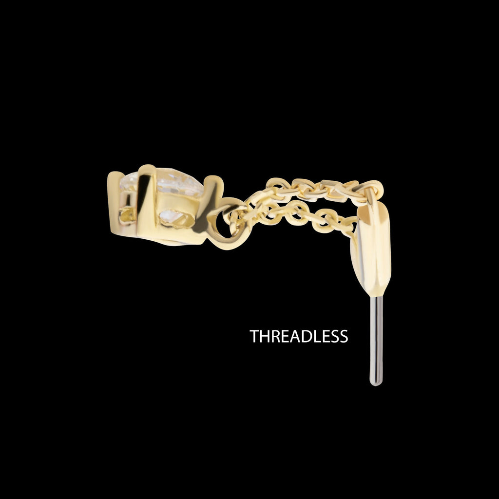 14Kt Gold Threadless Hidden Helix Curved Bar Top with Gem Chain Dangle