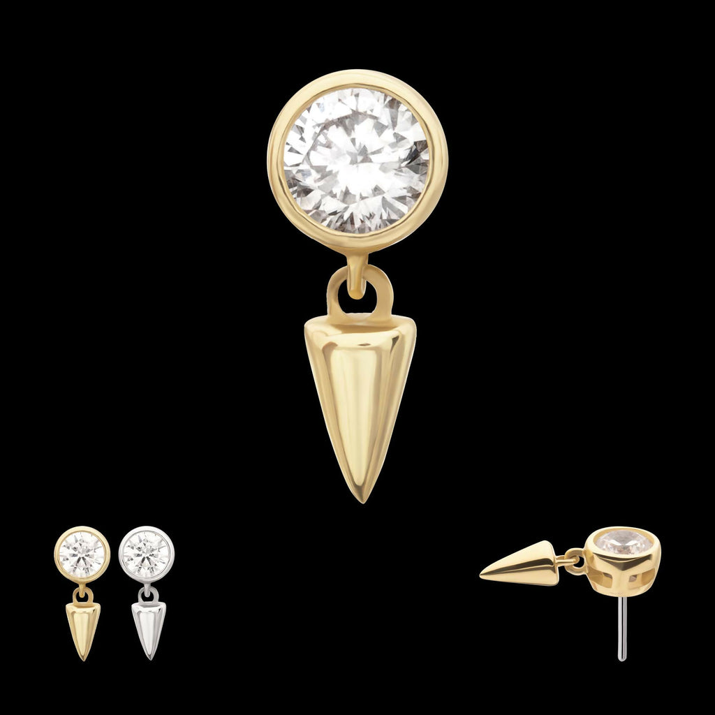 14Kt Gold Threadless Bezel Round Gem Top with Spike Dangle