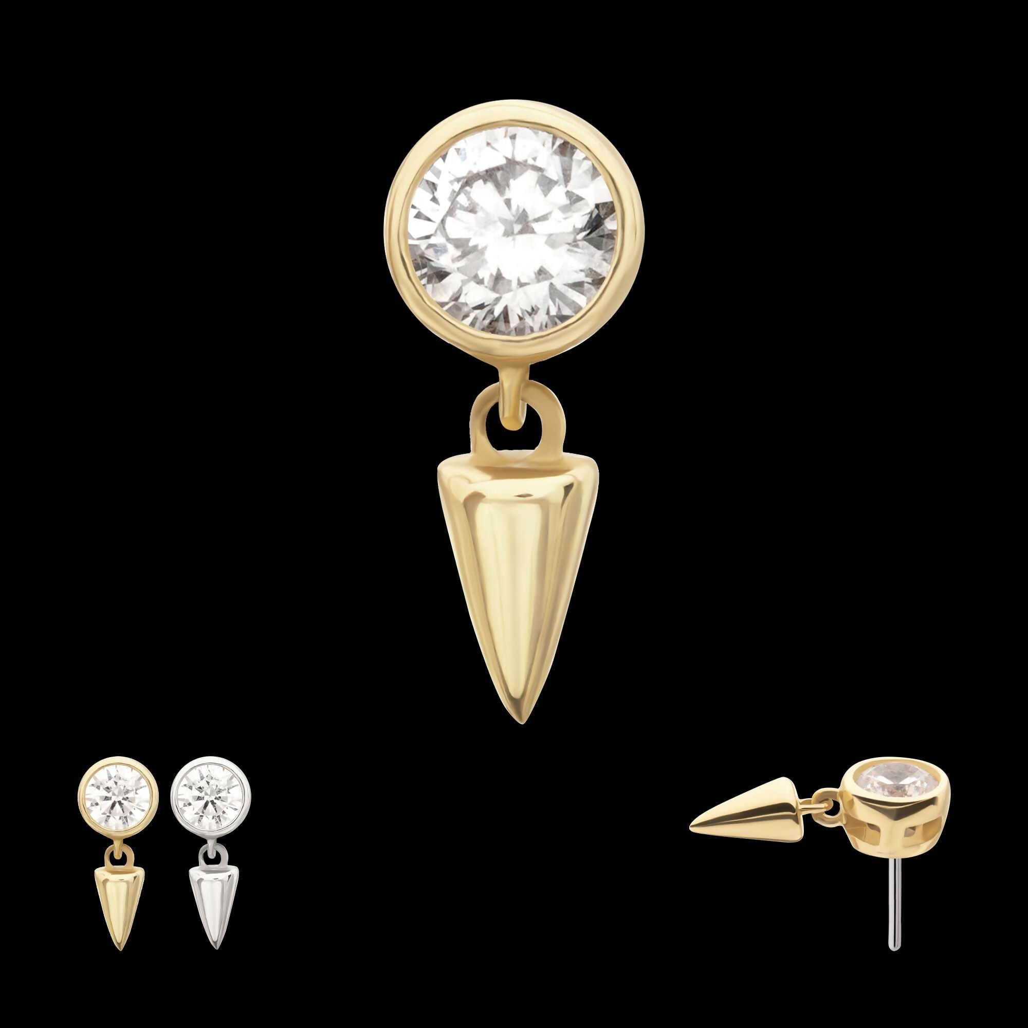 14Kt Gold Threadless Bezel Round Gem Top with Spike Dangle