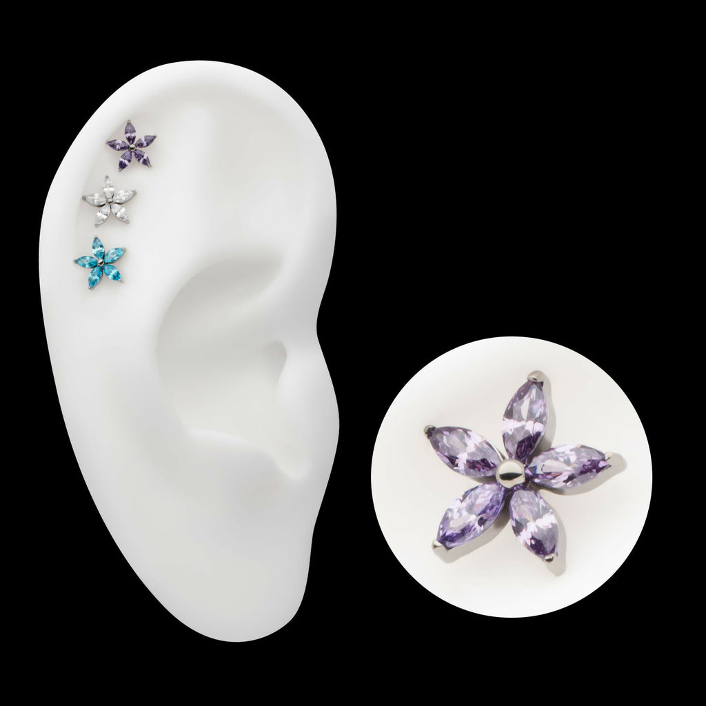 Titanium Threadless Pronged Marquise CZ 5-Petal Flower Top
