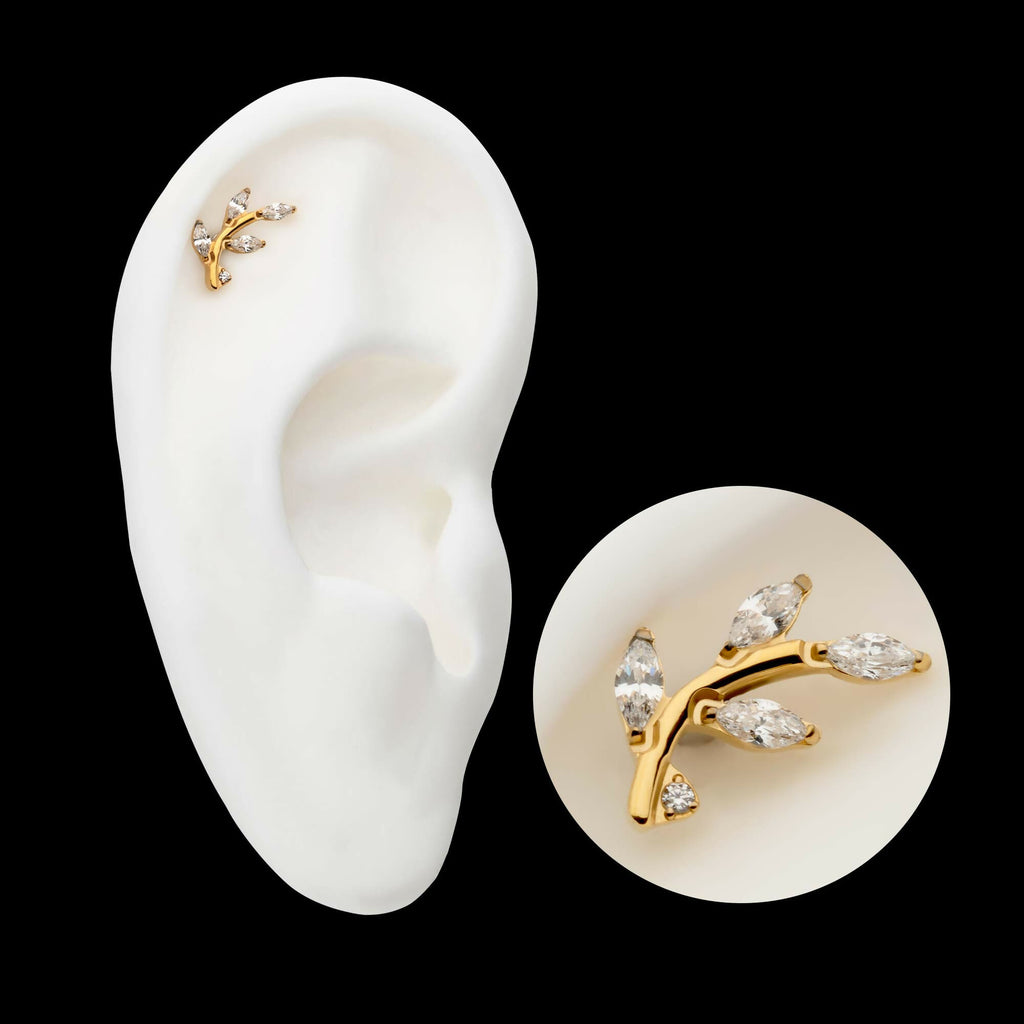 24Kt Gold PVD Threadless Prong Set Marquise CZ Leaf Top