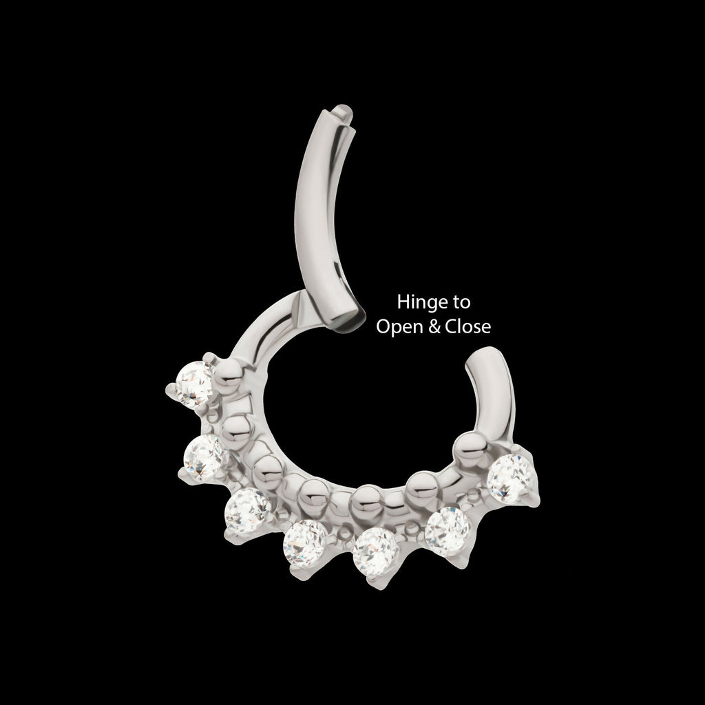 Clustered Prong Set Round CZ & Beads Oval Shape Front Facing Hinged Segment Clicker Hoop Earring / Nosering – Titanium