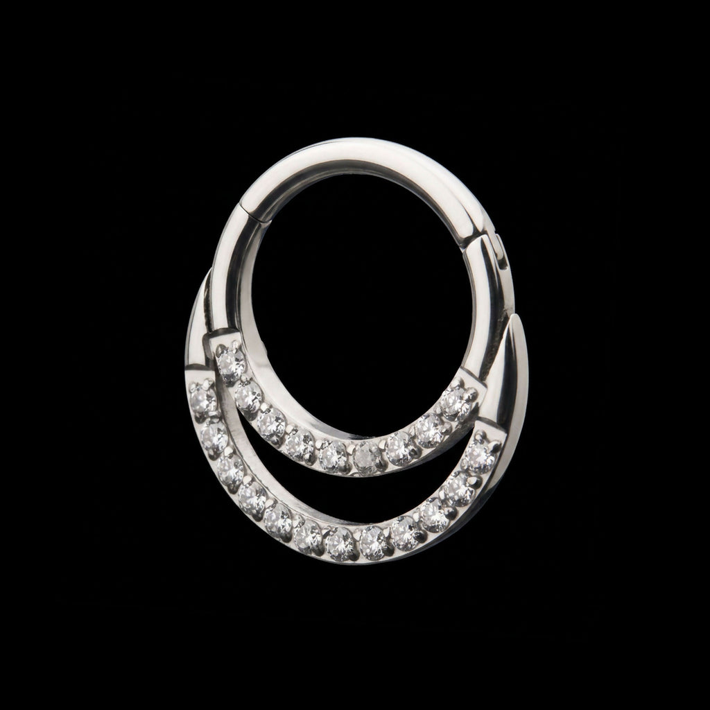 Double Front Full Clear Gem Hinged Segment Clicker Hoop Earring / Nosering – Titanium