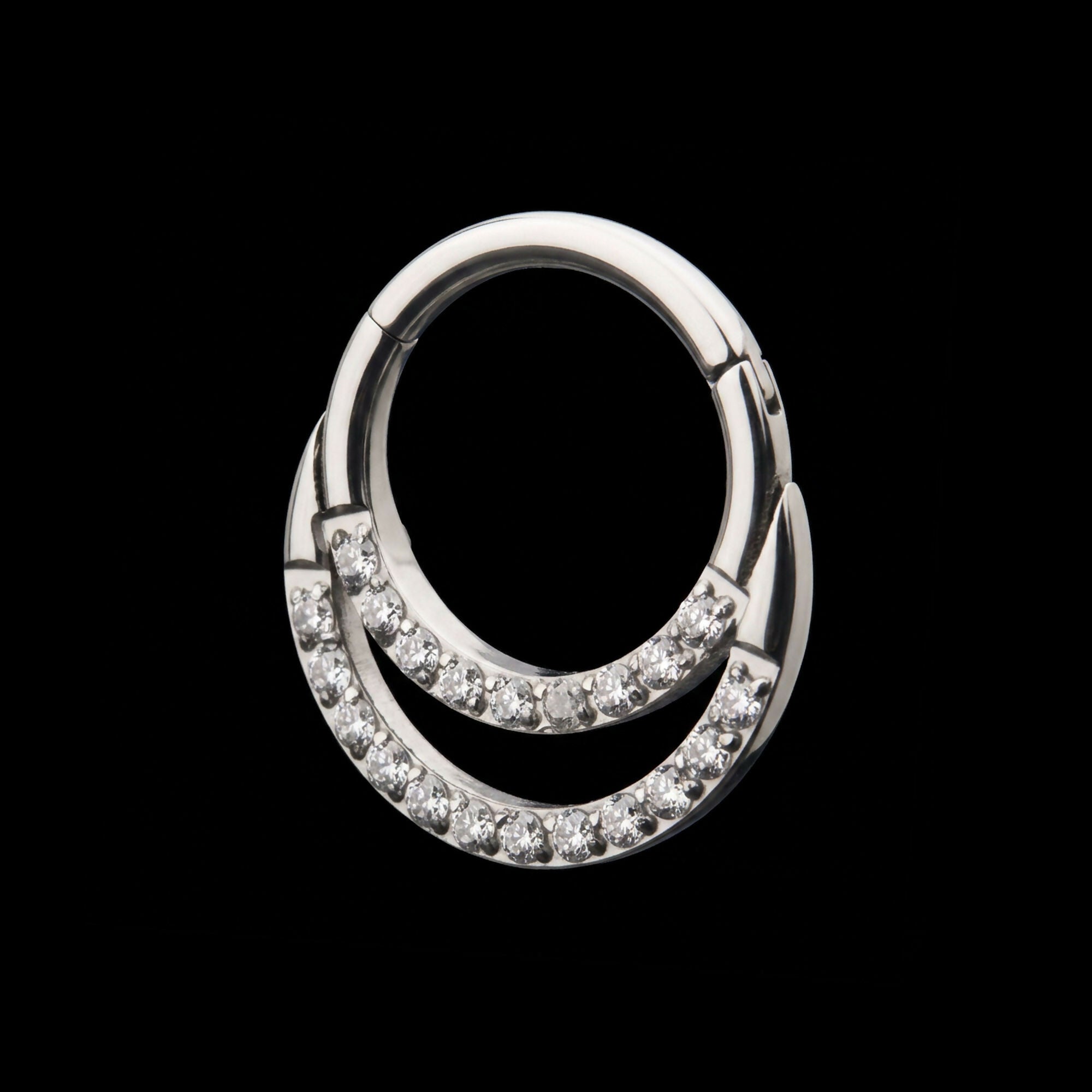 Double Front Full Clear Gem Hinged Segment Clicker Hoop Earring / Nosering – Titanium