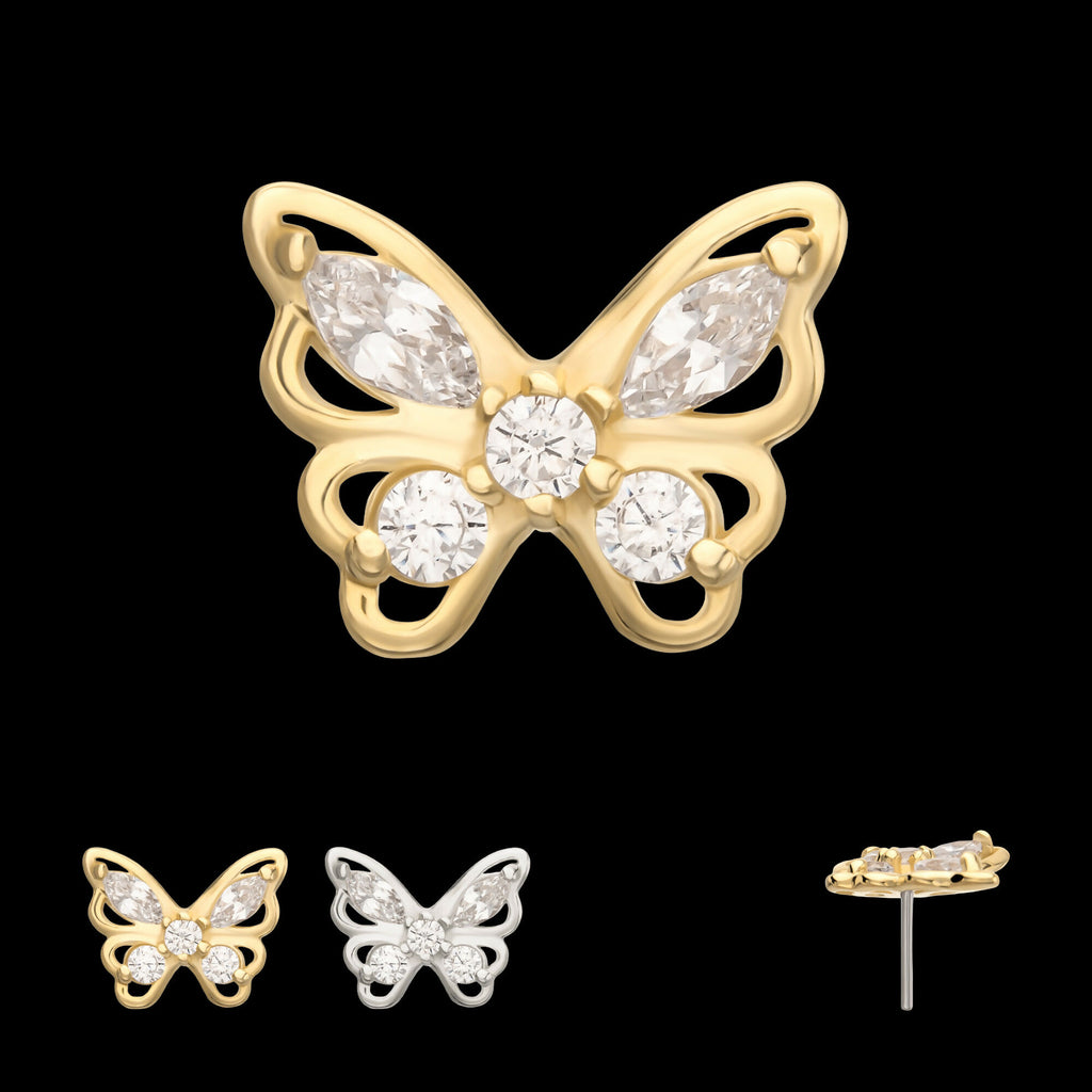 14Kt Gold Threadless 3D Butterfly Round & Marquise Gem Top