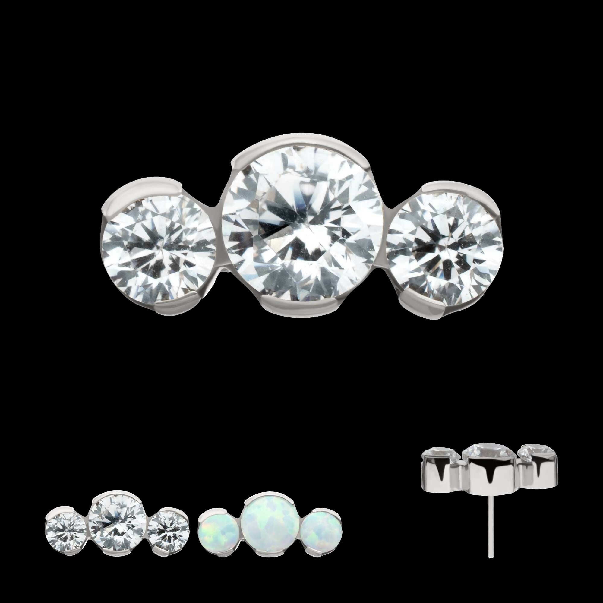 Titanium Threadless Semi-Bezel Set Round Gem/Opal 3-Cluster Top