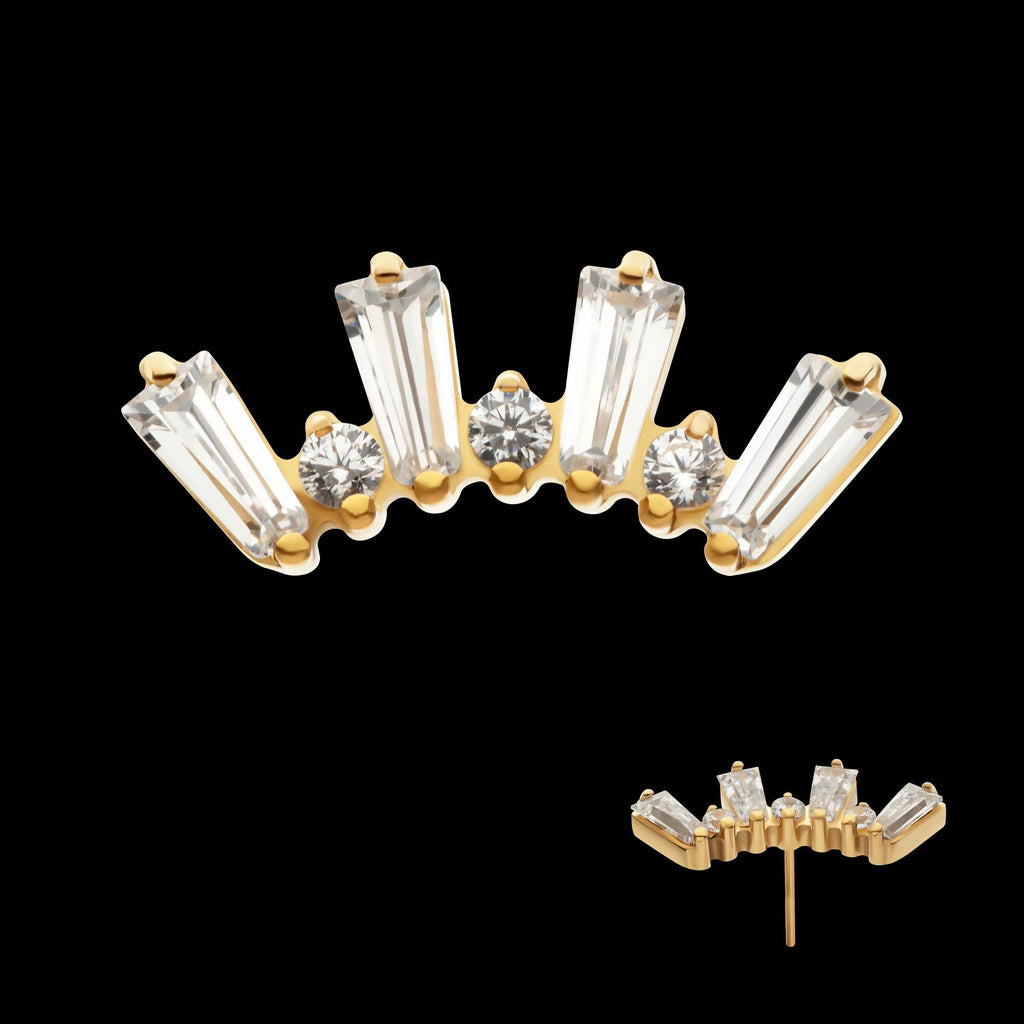 24Kt Gold PVD Titanium Threadless Prong Set Baguette & Round CZ 7-Cluster Top