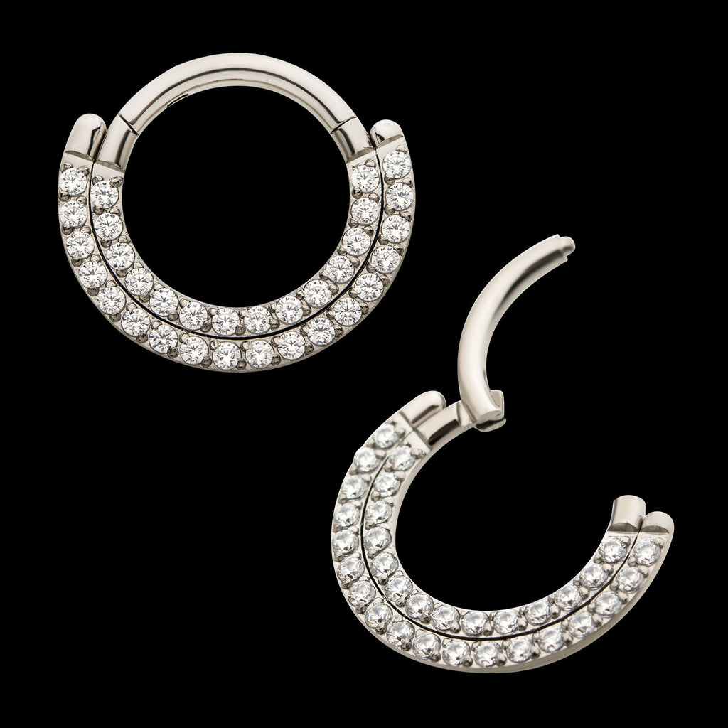 Double Row Prong Set Clear CZ Front Facing Hinged Segment Clicker Hoop Earring / Nosering – Titanium