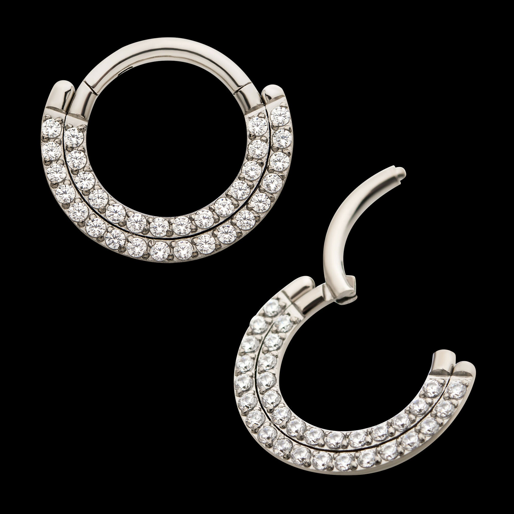 Double Row Prong Set Clear CZ Front Facing Hinged Segment Clicker Hoop Earring / Nosering – Titanium