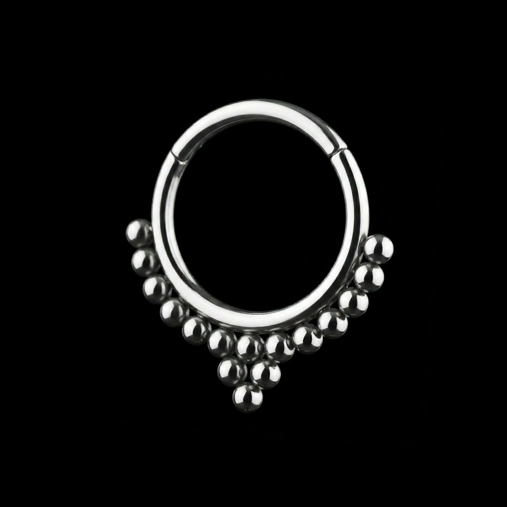 1 Tri-Bead Cluster and 13 Beads Hinged Segment Clicker Hoop Earring / Nosering – Titanium