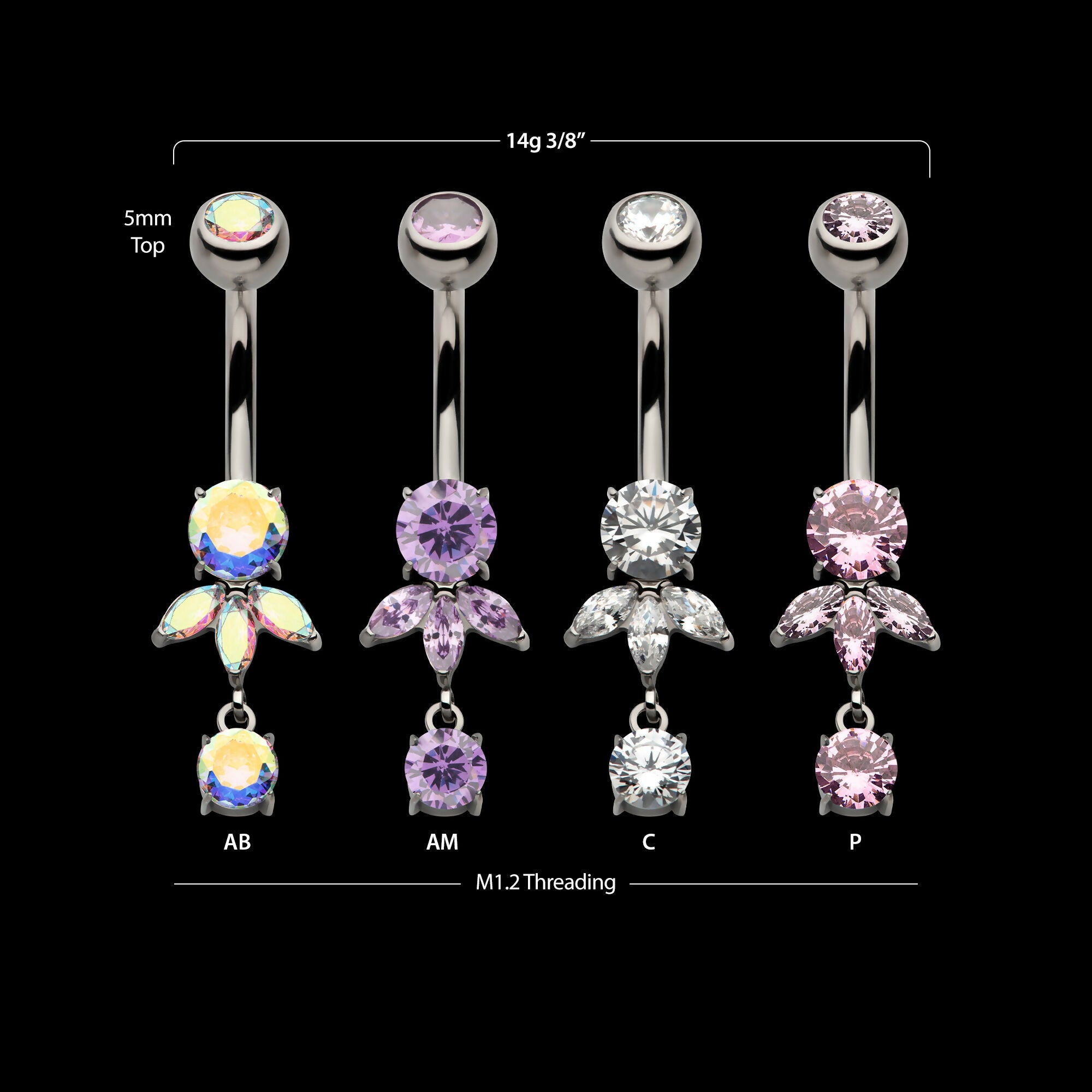 Internally Threaded Prong Set Round and Triple Marquise Gem Fan Navel with Round Gem Dangle Earring / Nosering – Titanium