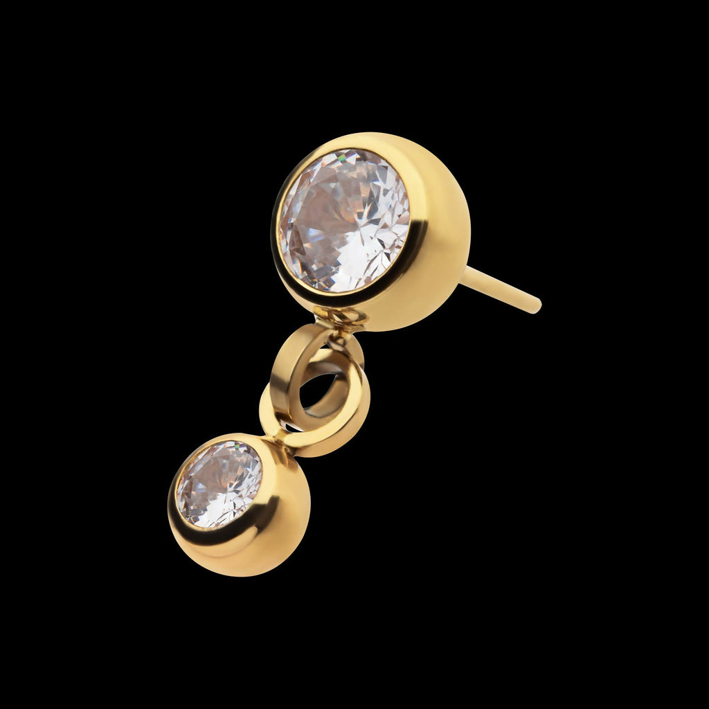 24Kt Gold PVD Titanium Threadless Double Bezel Set CZ Dangle Top