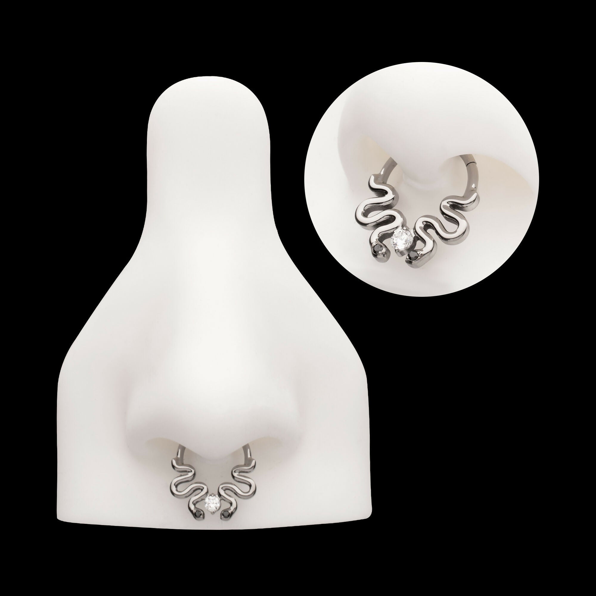 Pronged Round CZ Duo Snake Front Facing Hinged Segment Clicker Hoop Earring / Nosering – Titanium
