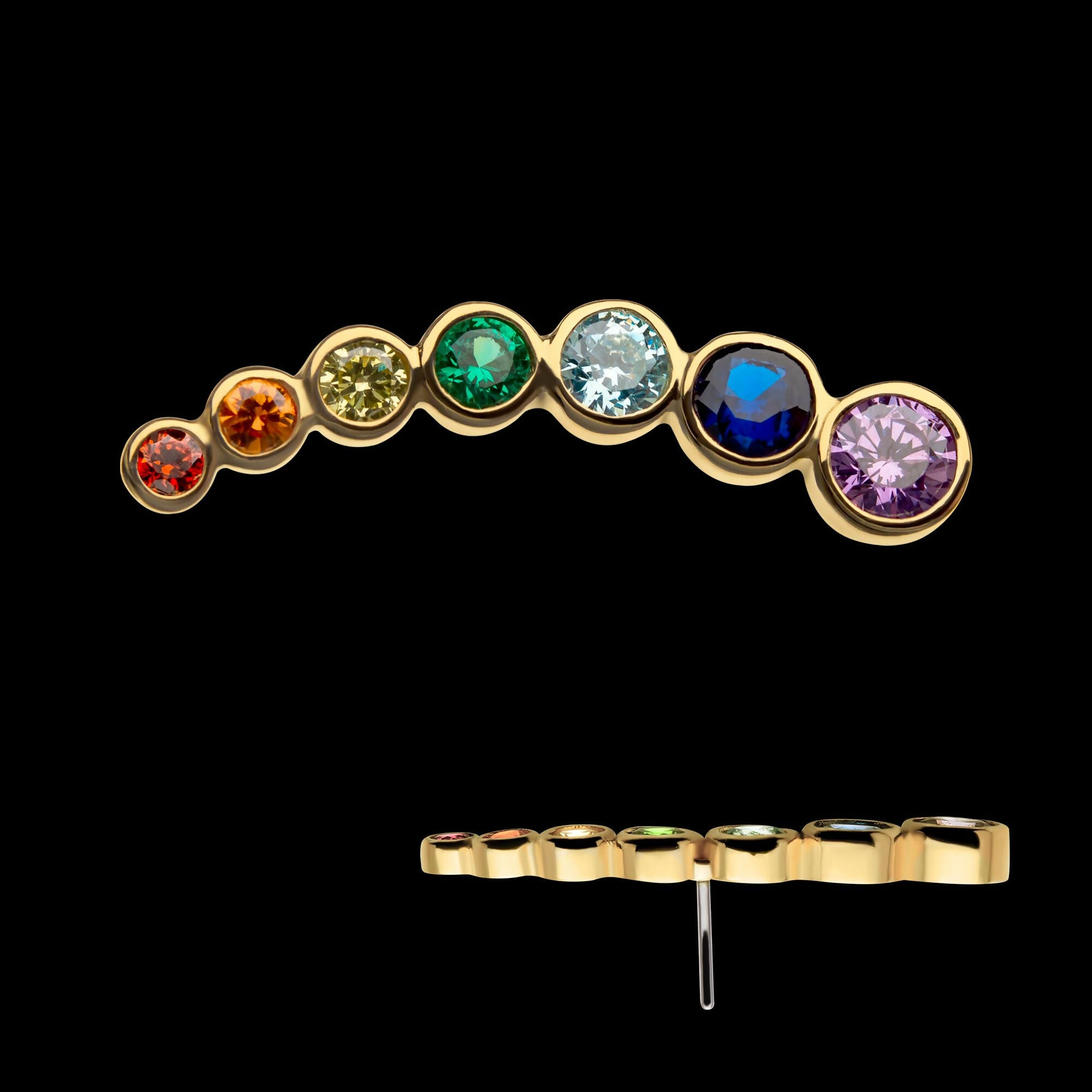14Kt Yellow Gold Threadless with Bezel Set Rainbow CZ 7-Cluster Top (Right Ear)
