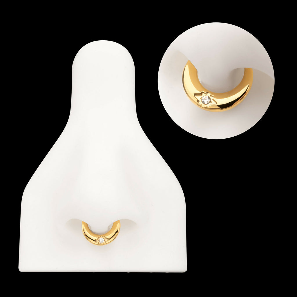 24Kt Gold PVD Titanium Etched Design with Prong Set Gem Sleek Dome Septum Front Facing Hinged Segment Clicker Hoop Earring / Nosering
