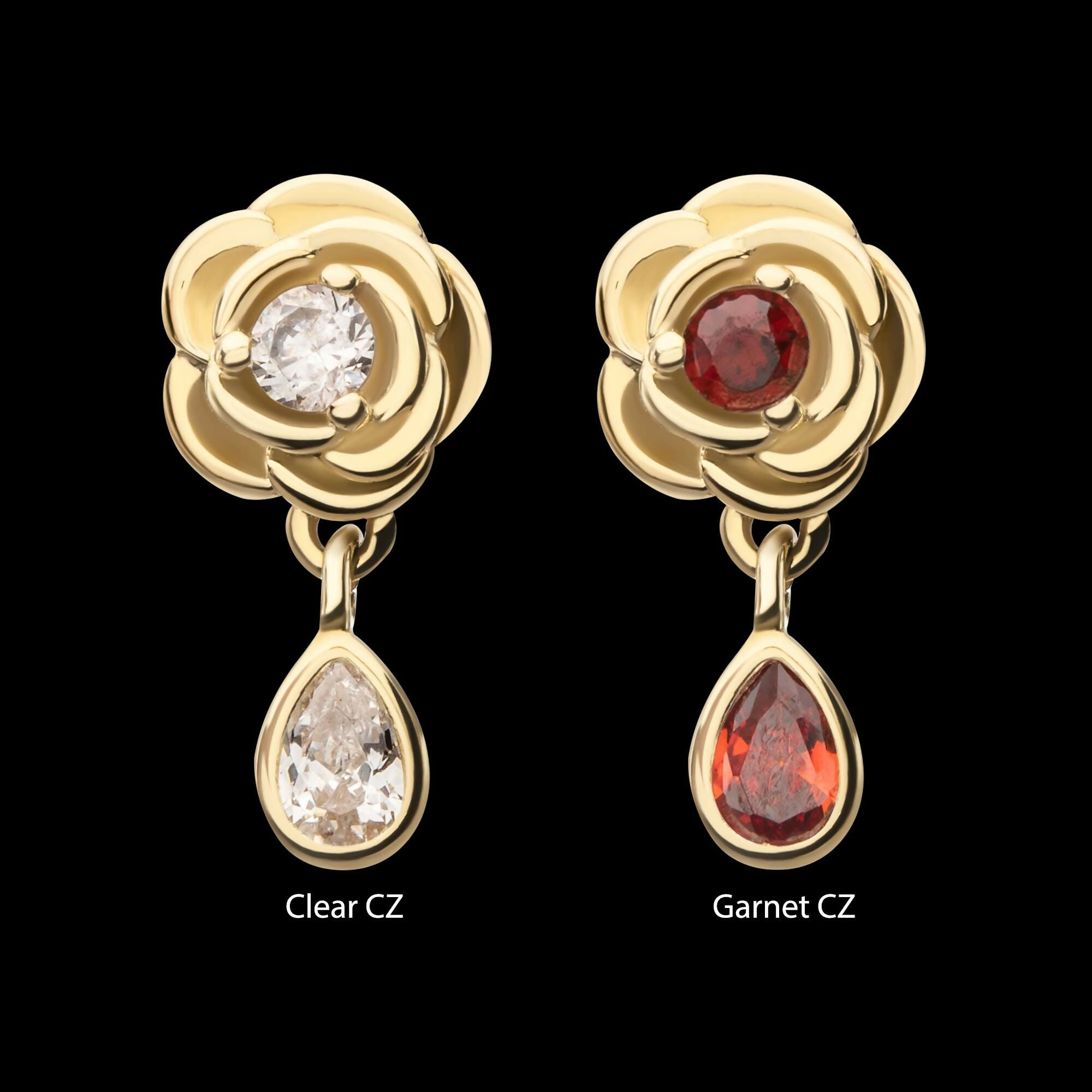 Prong Set Round Gem Rose Flower with Teardrop Dangle Flatback Stud Earring / Nosering - Gem in 14Kt Yellow Gold