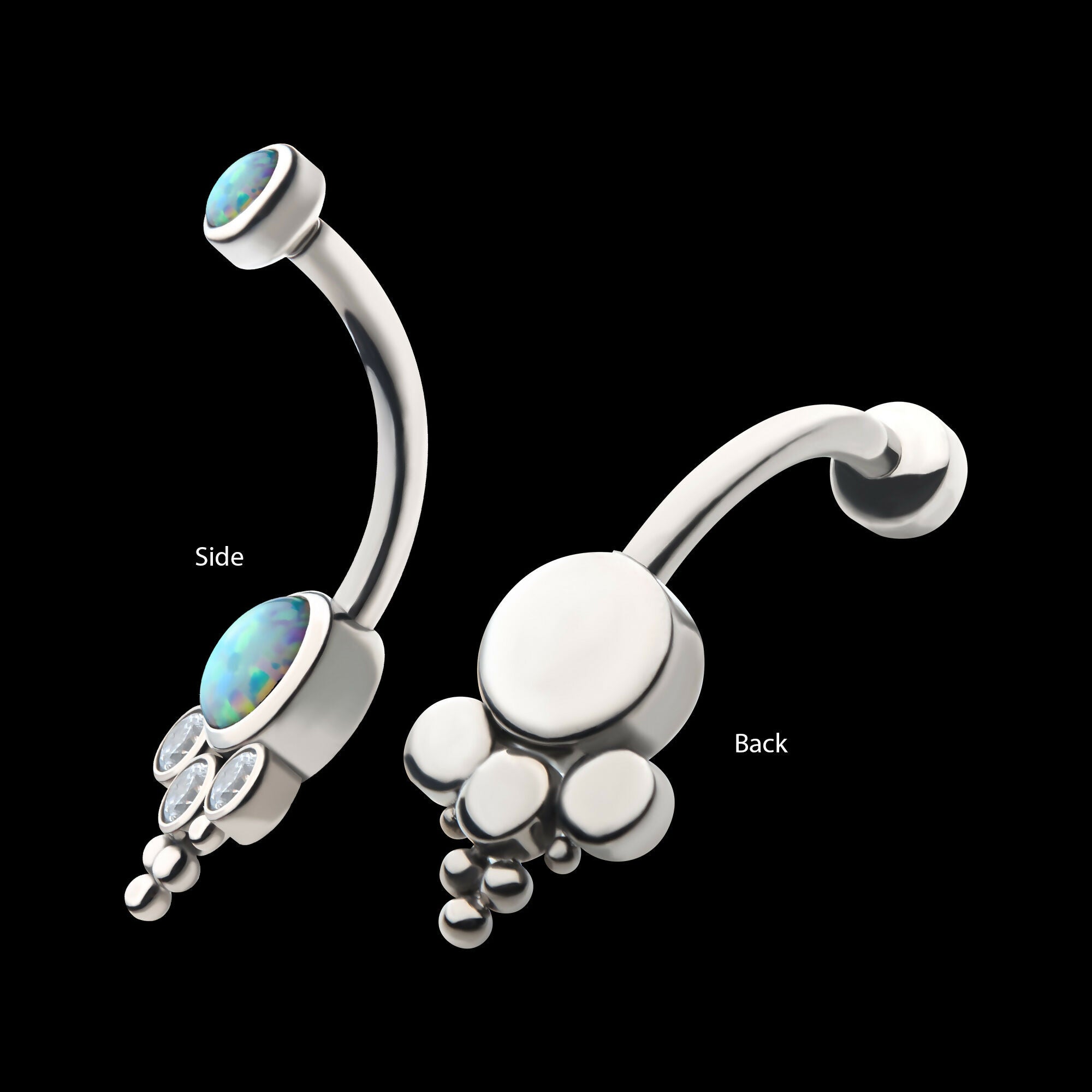 Internally Threaded with Tri Bead Bezel Set Opal & CZ Terraced Cluster Navel Curve Earring / Nosering – Titanium