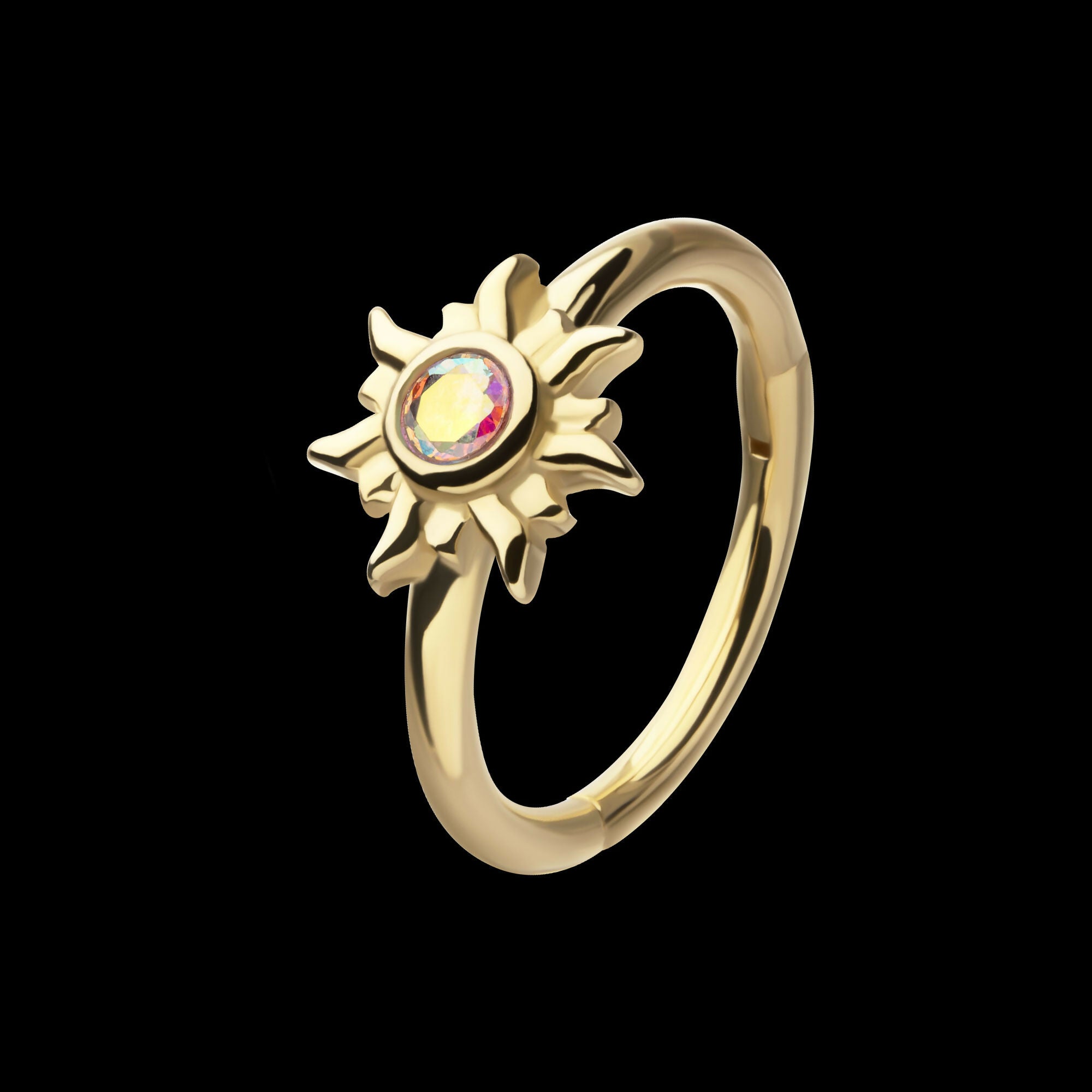 Prong Set Round Gem Cluster & Triple Moon Phase Front Facing Hinged Segment Clicker Hoop Earring / Nosering – 14Kt Yellow Gold