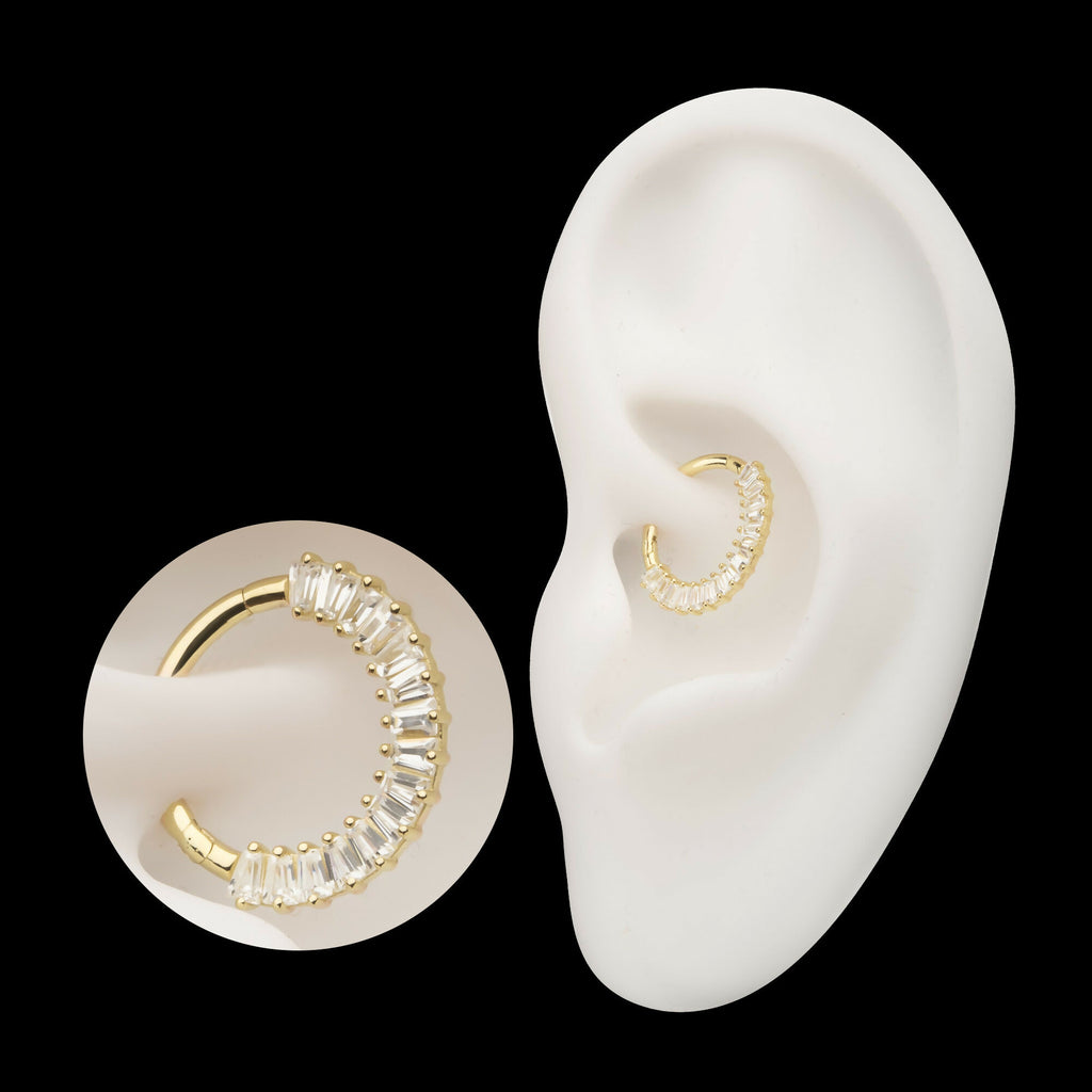 Prong Set Baguette Gem Cluster Front Facing Hinged Segment Clicker Hoop Earring / Nosering – 14kt Gold