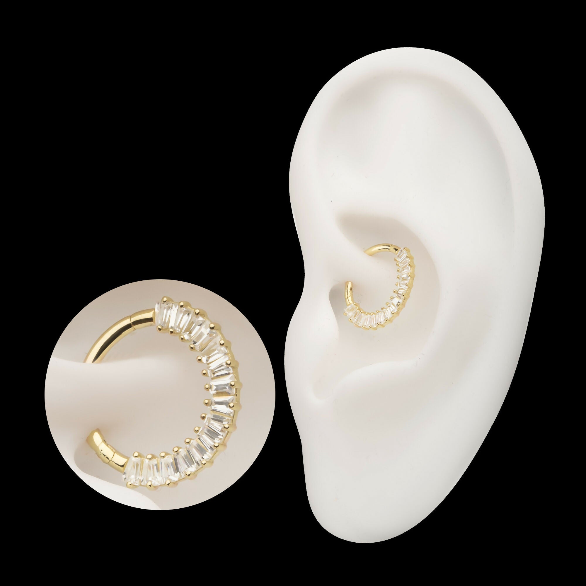 Prong Set Baguette Gem Cluster Front Facing Hinged Segment Clicker Hoop Earring / Nosering – 14kt Gold