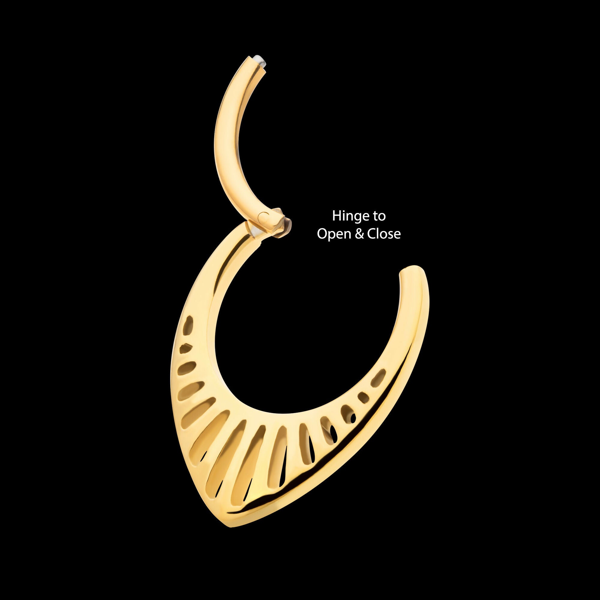 24Kt Gold PVD Titanium Linear Outline Teardrop Shape Front Facing Hinged Segment Clicker Hoop Earring / Nosering