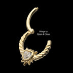 Spike Edge Bezel Heart Gem Wired Hoop Front Facing Hinged Segment Clicker Earring / Nosering – 14kt Yellow Gold
