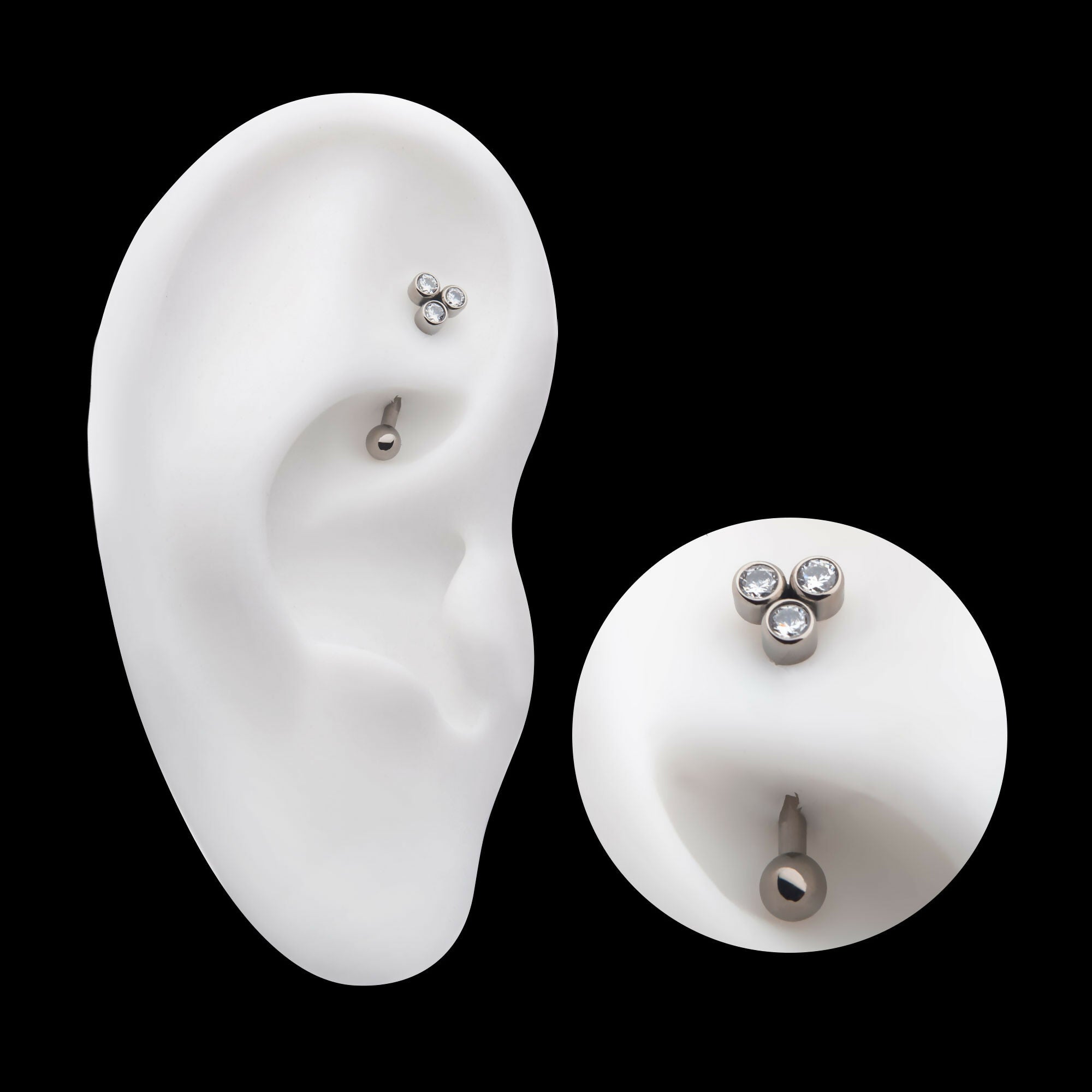 Internally Threaded Bezel Round CZ Trinity Fixed Top Curved Barbell Earring / Nosering – Titanium