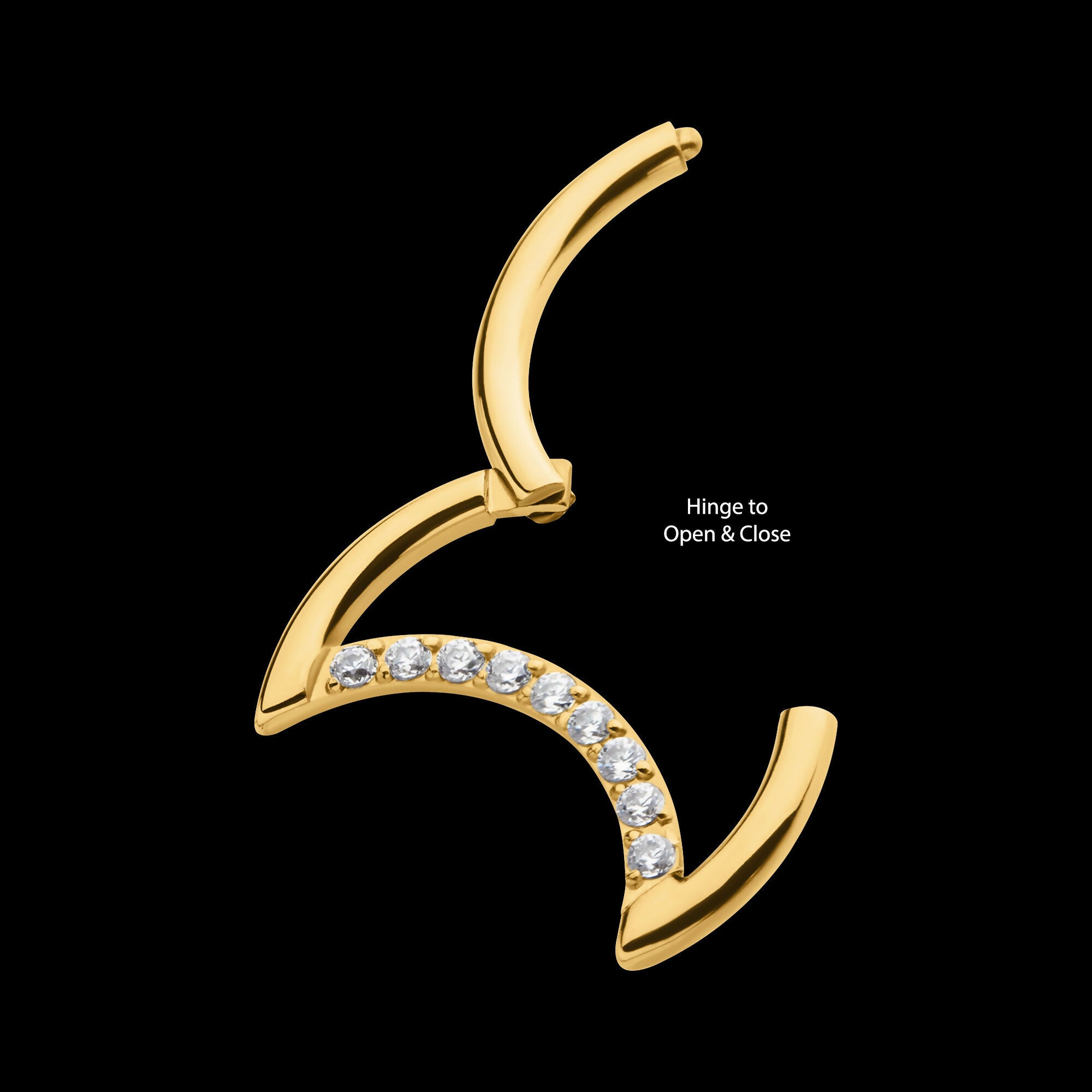 24Kt Gold PVD Titanium Crescent Moon with CZ Front Facing Hinged Segment Clicker Hoop Earring / Nosering