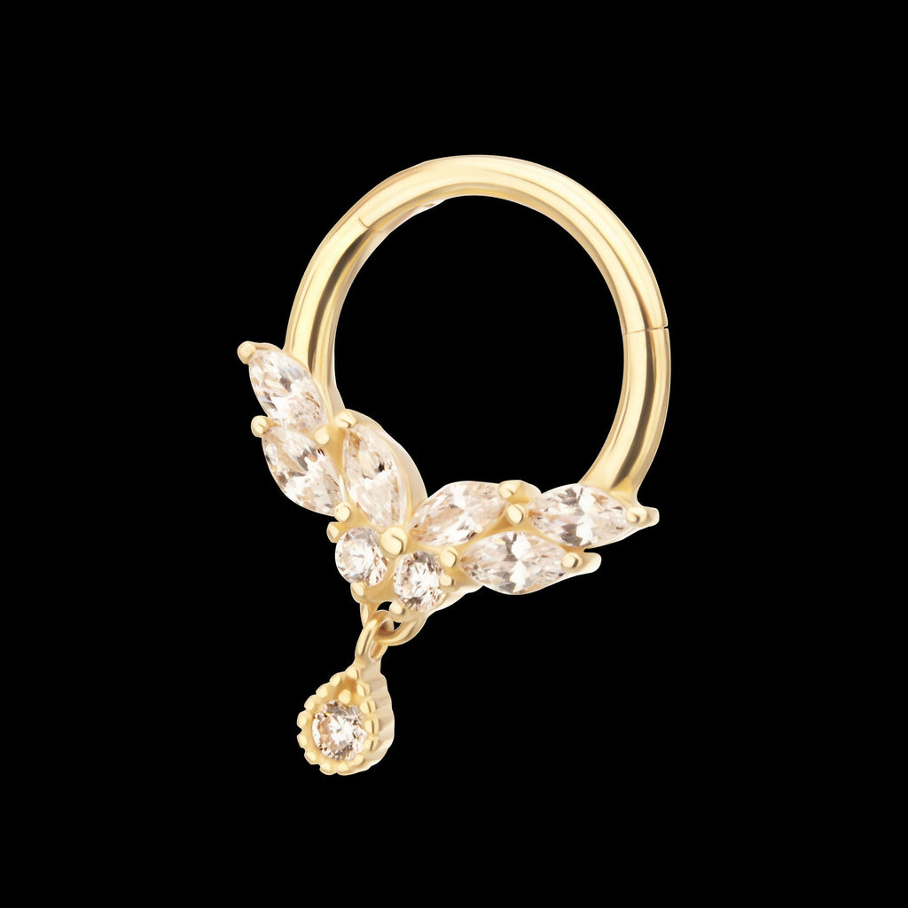 14Kt Gold Marquise Cluster Butterfly with Gem Dangle Front Facing Hinged Segment Clicker