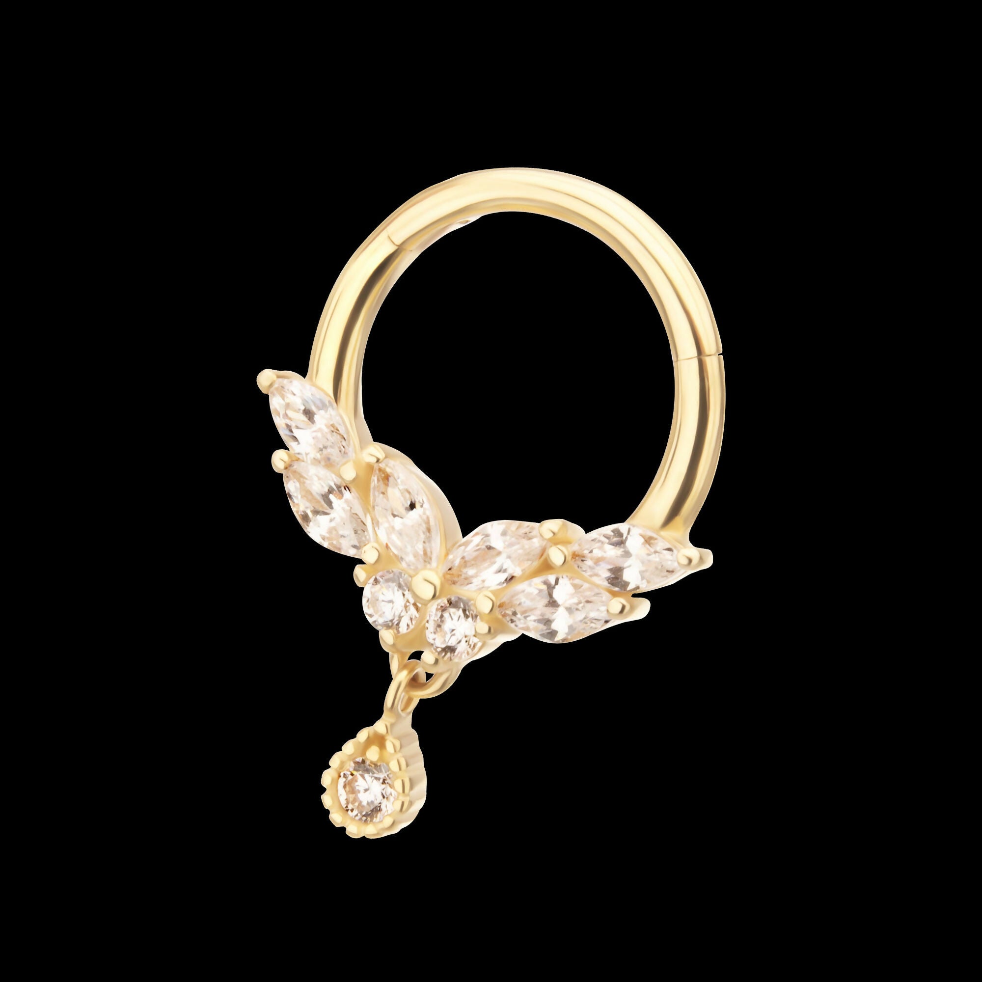 14Kt Gold Marquise Cluster Butterfly with Gem Dangle Front Facing Hinged Segment Clicker