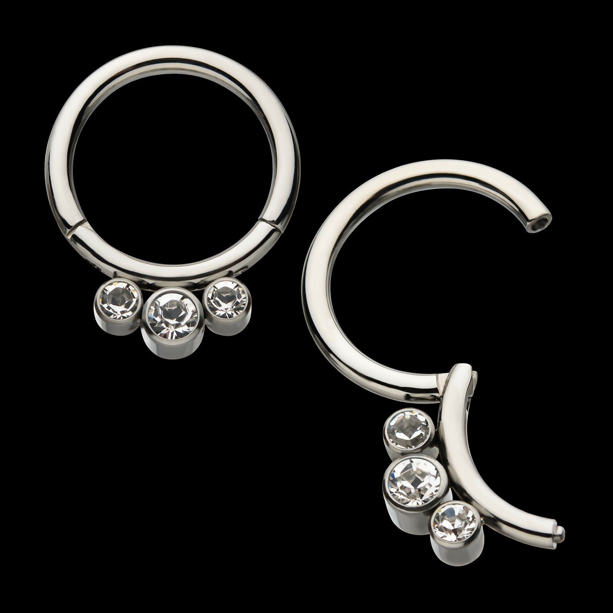 Petite 3 Bezel Set Swarovski Crystal Set On Hinged Segment Clicker Hoop Earring / Nosering – Titanium
