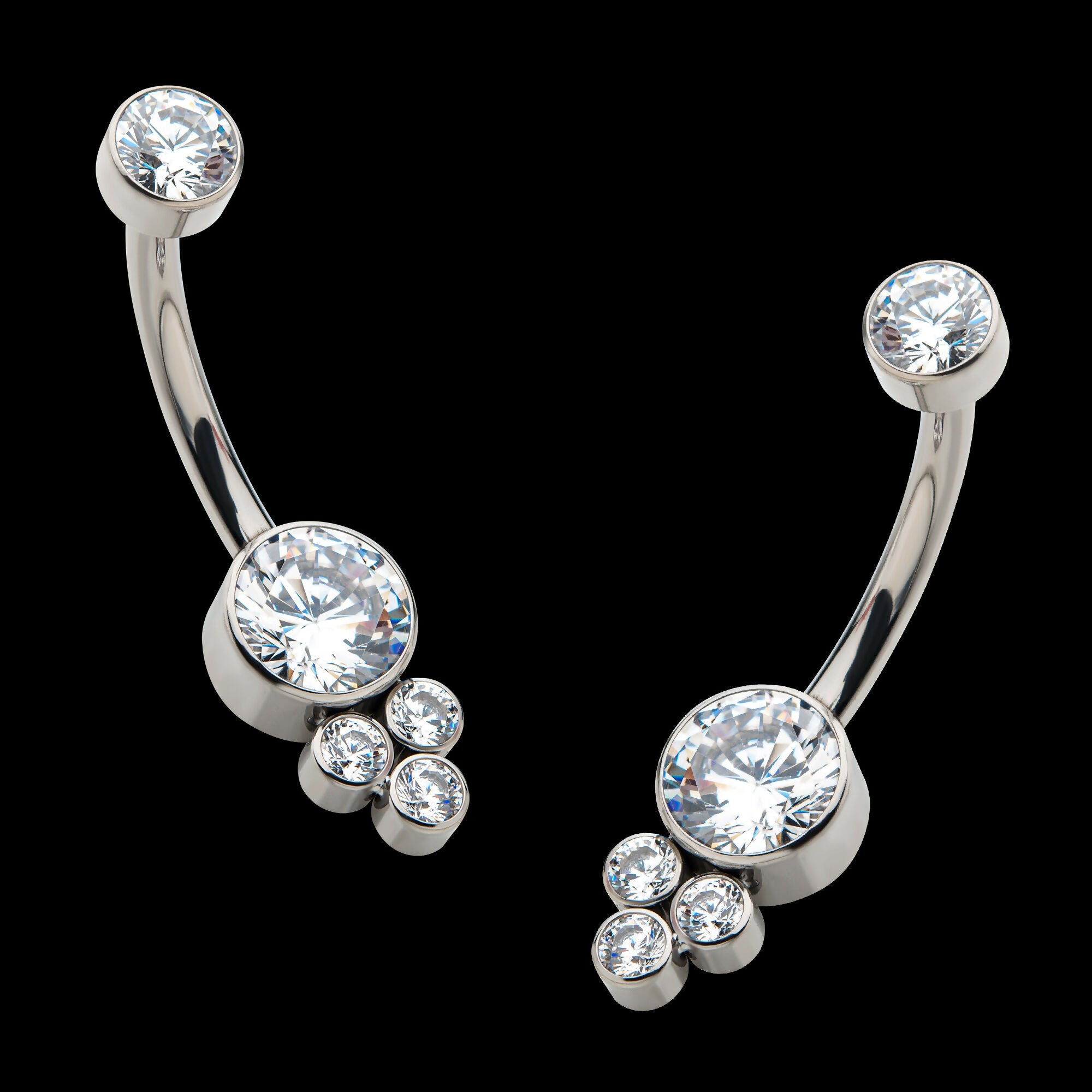 Internally Threaded with 3 Bezel Set Round Clear CZ Cluster Fixed Navel Jewelry / Belly Button Ring – Titanium