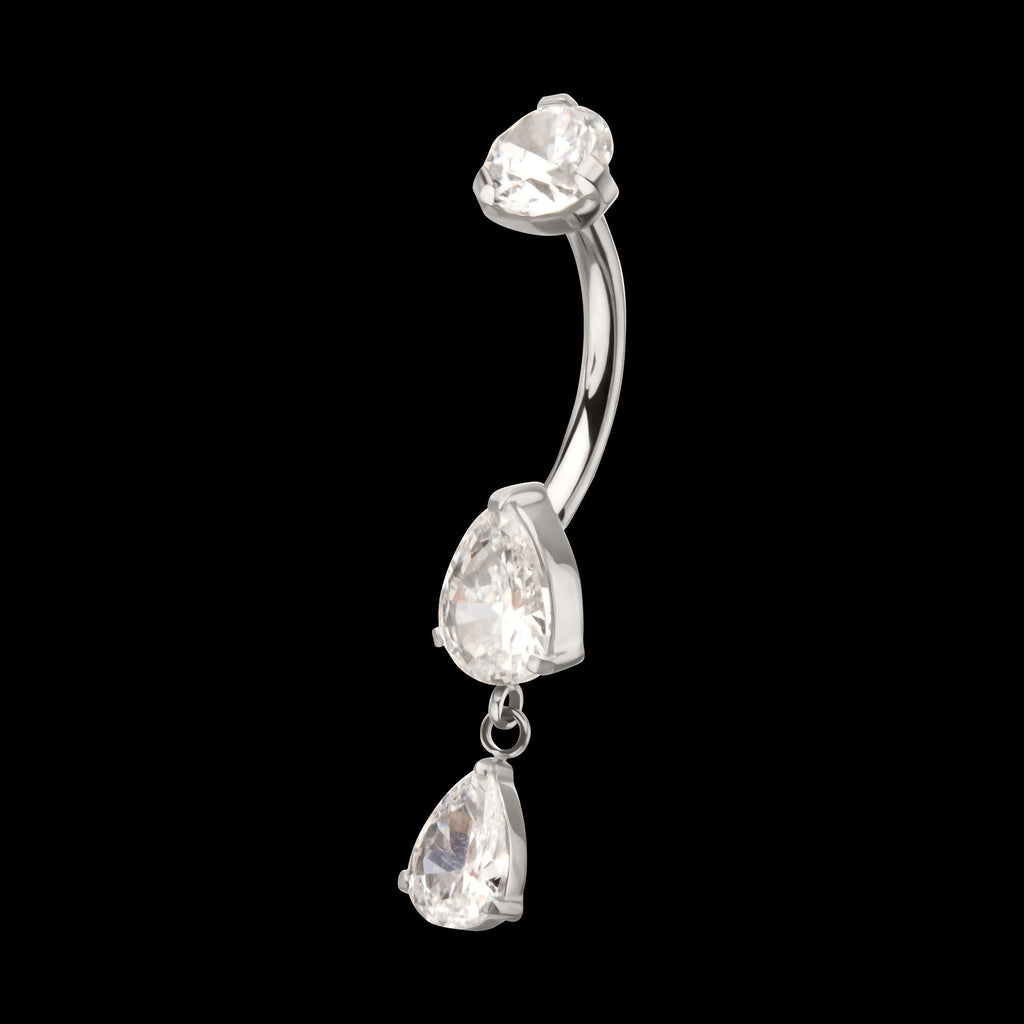 Internally Threaded Double Dangle Prong Set Teardrop Gem Navel Earring / Nosering – Titanium