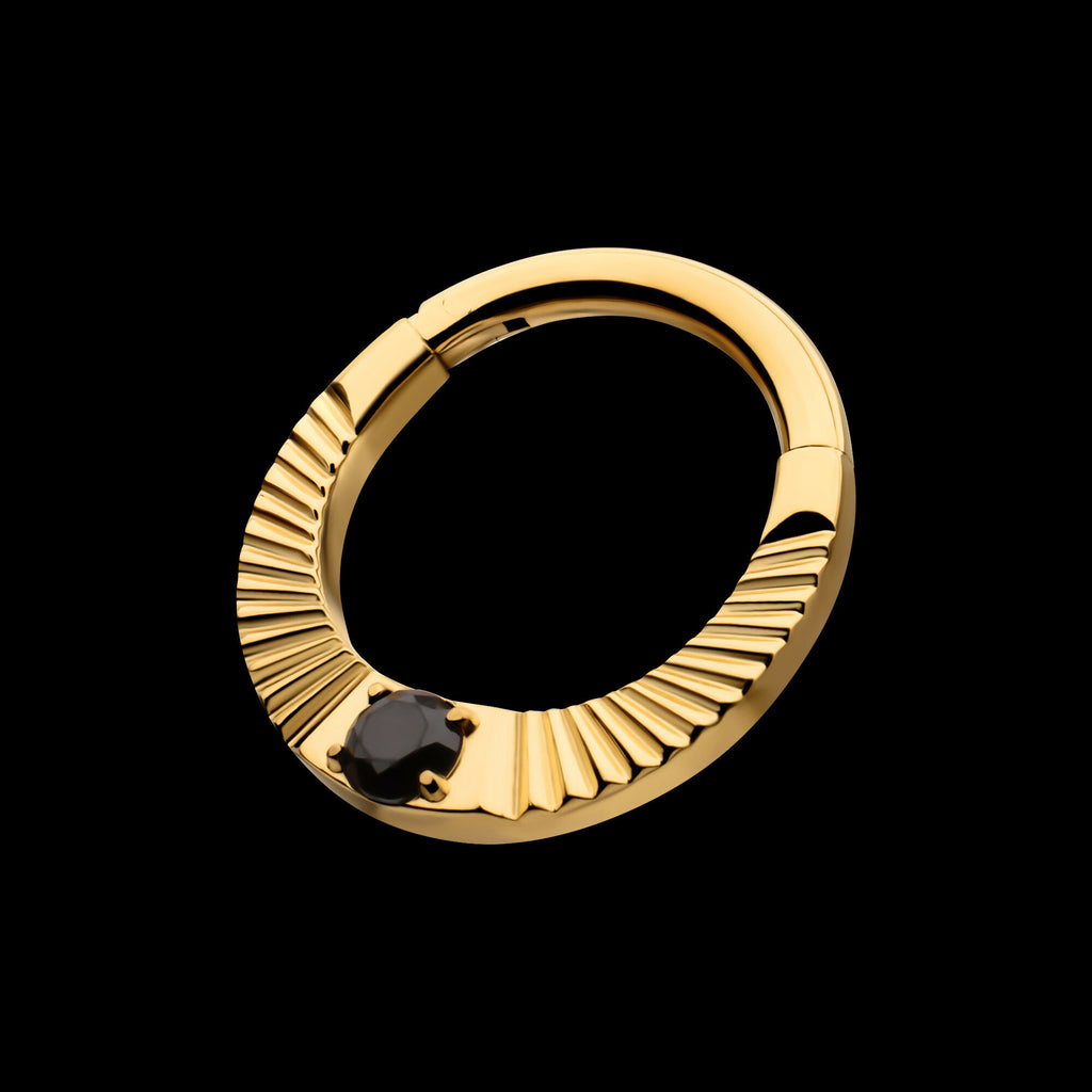 24Kt Gold PVD Titanium Radiant Hoop with Black Prong Set Gem Front Facing Hinged Segment Clicker Earring / Nosering