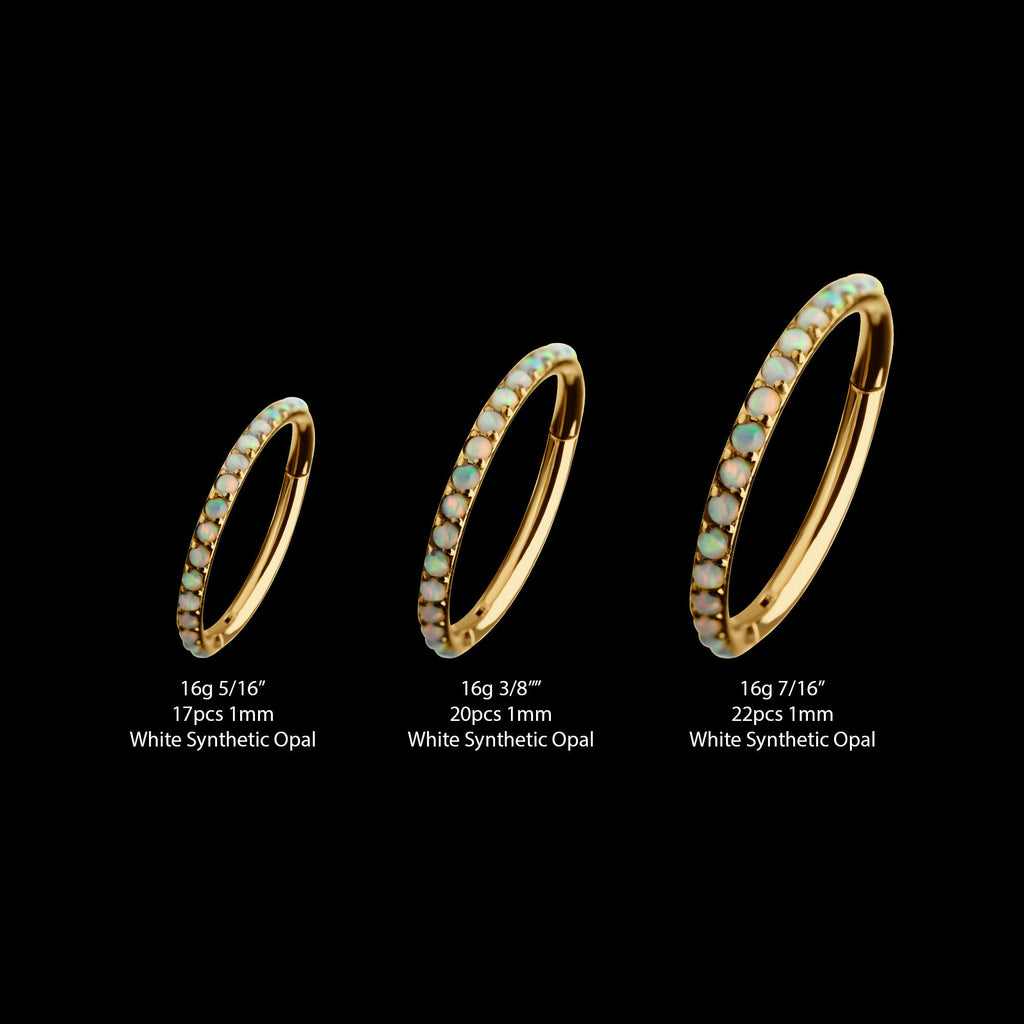 24KT Gold PVD Titanium CNC Set White Opal Eternity Side Facing Hinged Segment Clicker Hoop Earring / Nosering