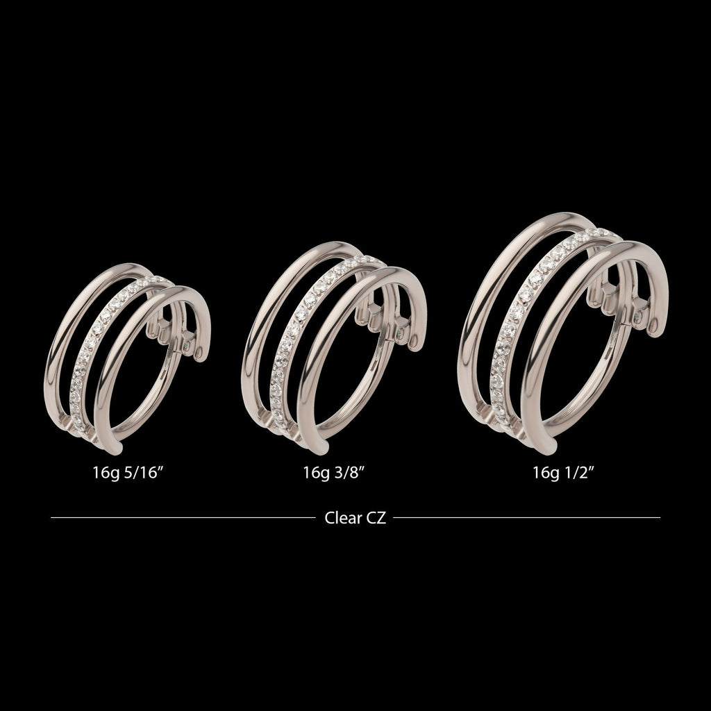 CNC Set Clear CZ in the Center Hoop Triple Row Side Facing Hinged Segment Clicker Earring / Nosering – Titanium
